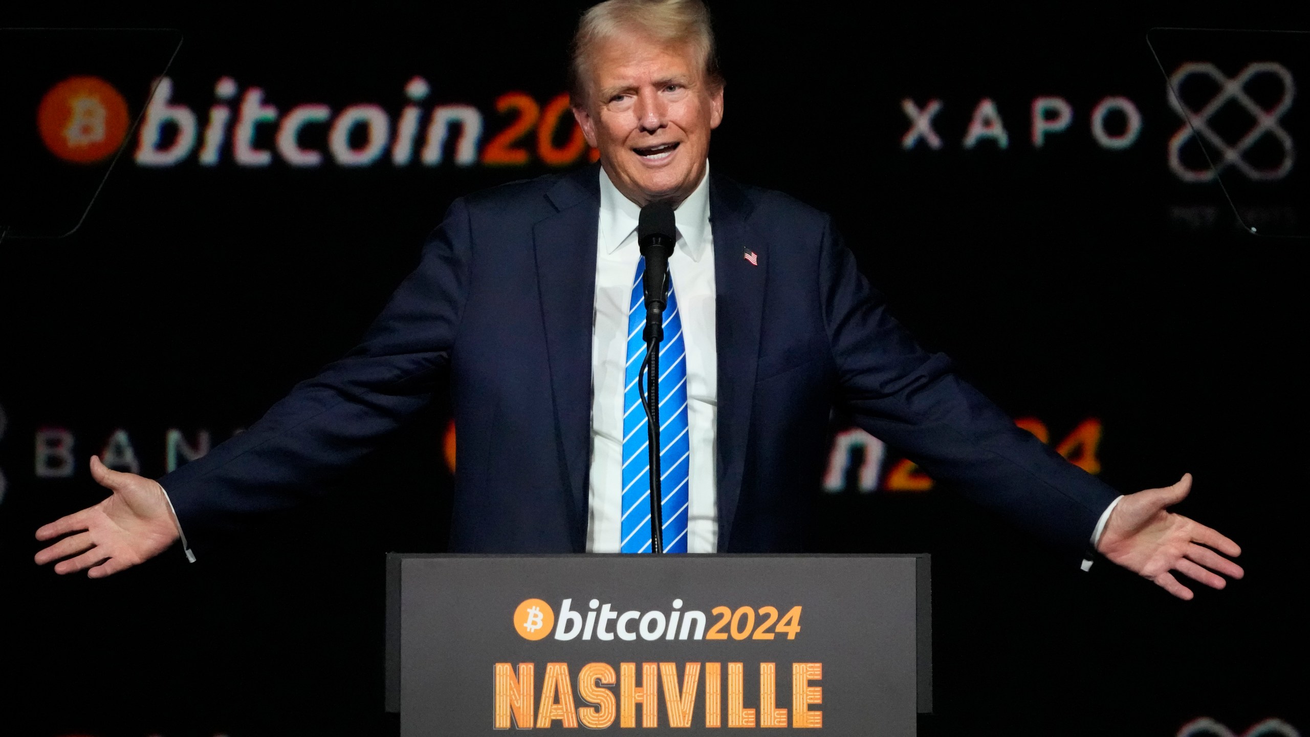 FILE -Republican presidential candidate former President Donald Trump speaks at the Bitcoin 2024 Conference, July 27, 2024, in Nashville, Tenn. (AP Photo/Mark Humphrey, File)