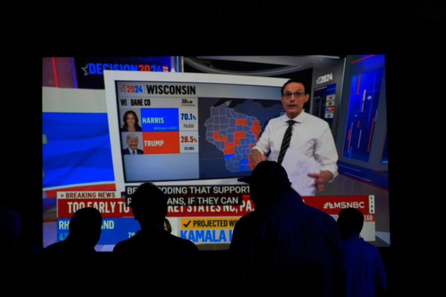 People watch results come in on a television screen at the DFL electionnight party, Tuesday, Nov. 5, 2024, in St. Paul, Minn. (AP Photo/Abbie Parr)