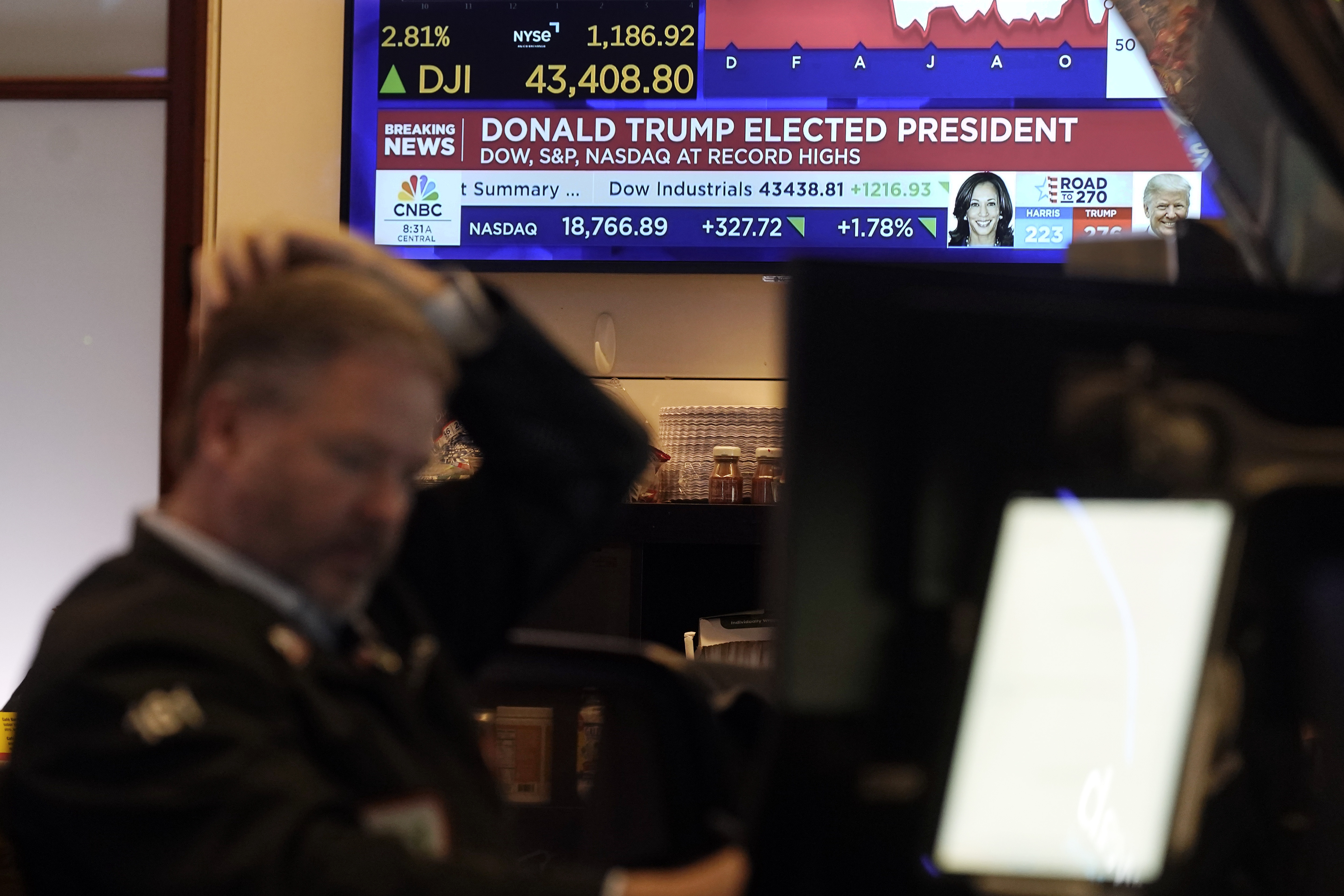 A television screen on the floor of the New York Stock Exchange displays results of the Presidential election, Wednesday, Nov. 6, 2024. (AP Photo/Richard Drew)