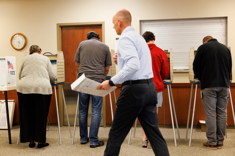 Voters cast their ballots at the Agnes Robinson Waterloo Public Library, Tuesday, Nov. 5, 2024, in Waterloo, Neb. (Nikos Frazier/Omaha World-Herald via AP)