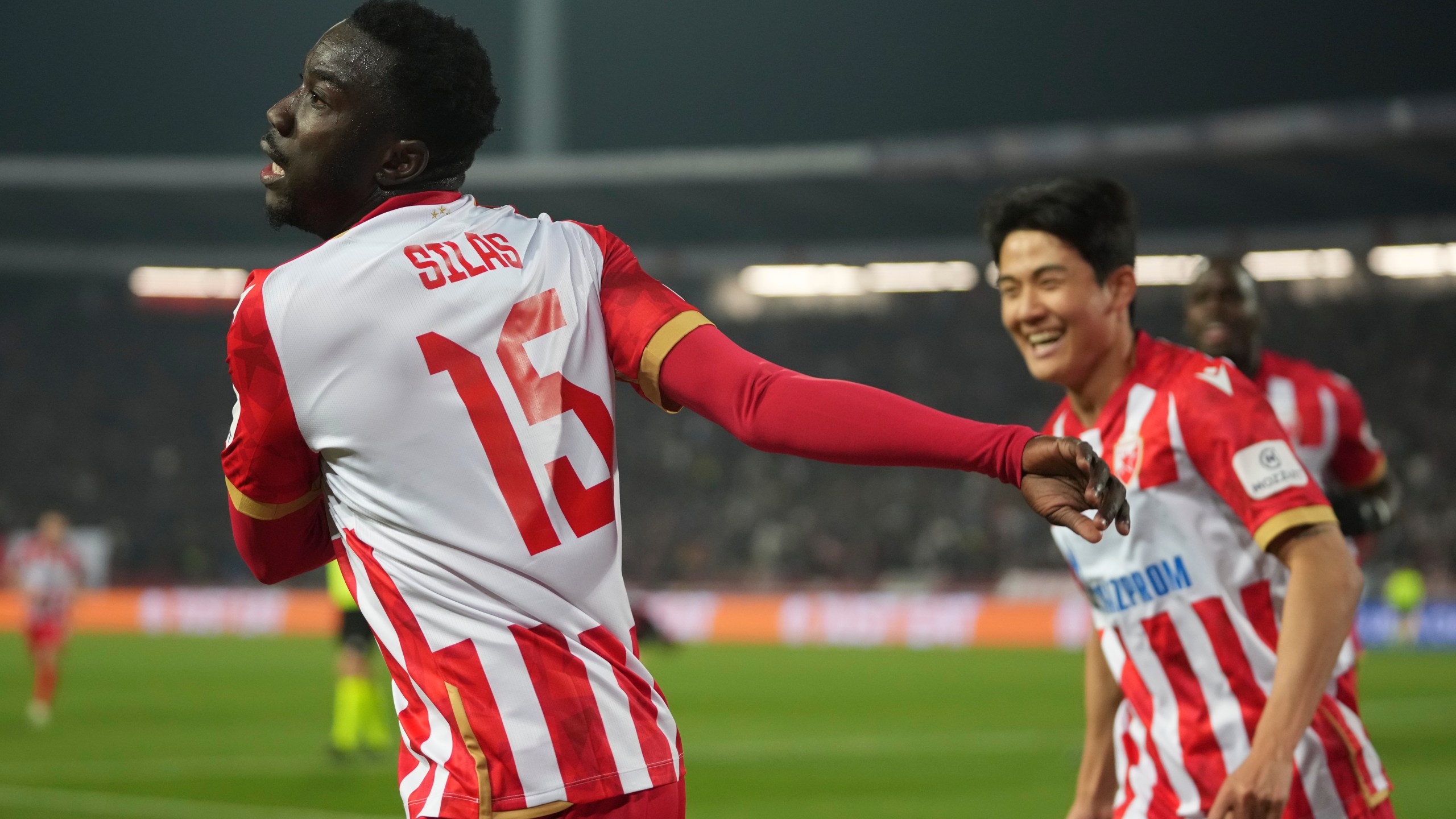 Red Star's Silas celebrates after scoring during the Champions League opening phase soccer match between Red Star and Barcelona at the Rajko Mitic Stadium in Belgrade, Serbia, Wednesday, November 6, 2024. (AP Photo/Darko Vojinovic)