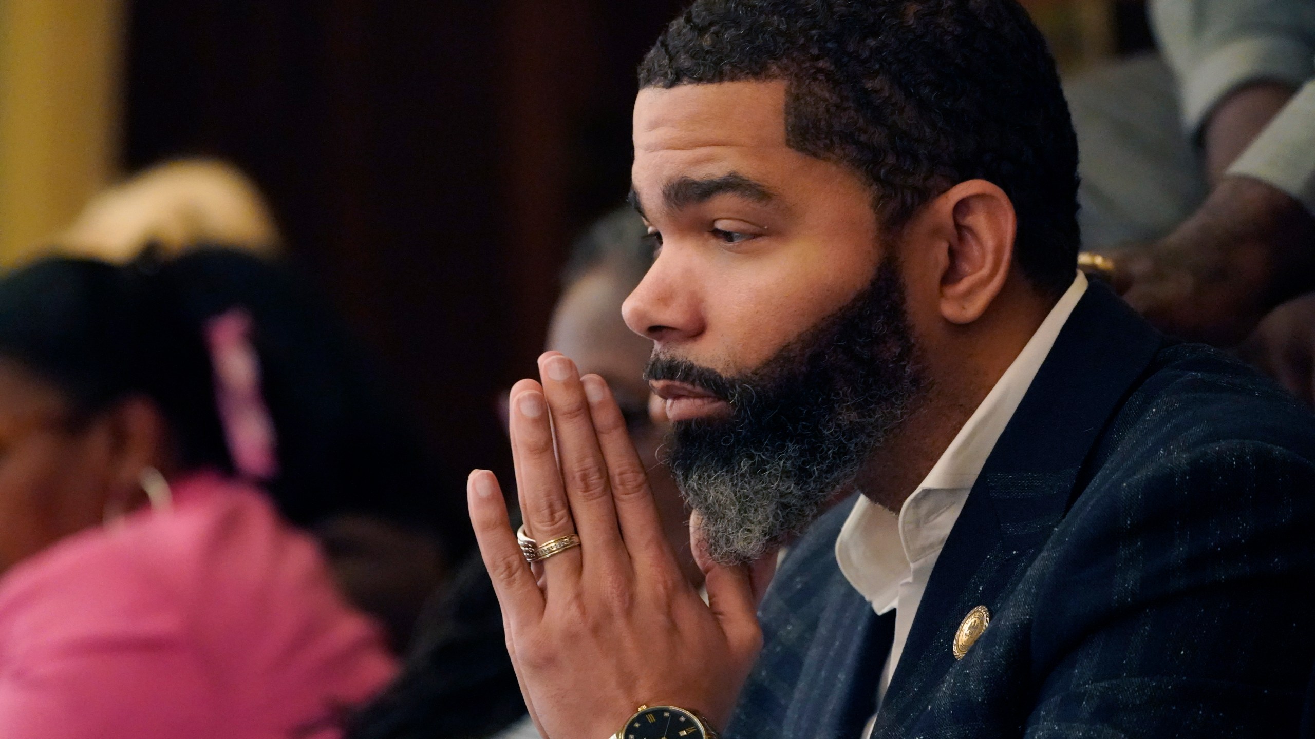 FILE - Jackson Mayor Chokwe Antar Lumumba watches a debate at the Mississippi Capitol on Feb. 7, 2023, in Jackson, Miss. (AP Photo/Rogelio V. Solis, File)