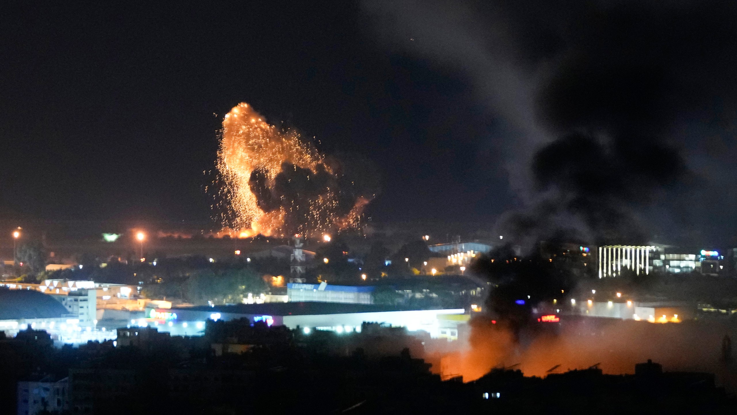 Smoke and fire rise from Israeli airstrikes in Dahiyeh, Beirut, Lebanon, Lebanon, Thursday, Nov. 7, 2024. (AP Photo/Hassan Ammar)