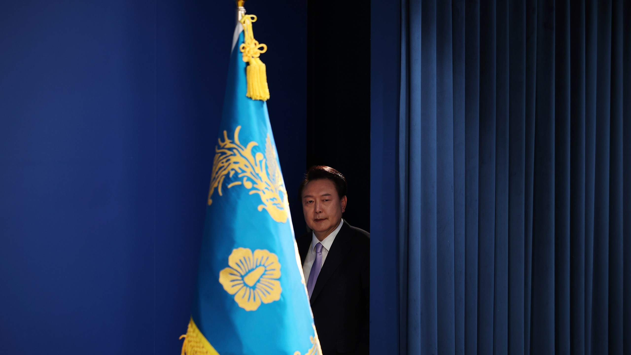 South Korean President Yoon Suk Yeol arrives for a news conference at the Presidential Office in Seoul, South Korea, Thursday, Nov. 7, 2024. (Kim Hong-Ji/Pool Photo via AP)