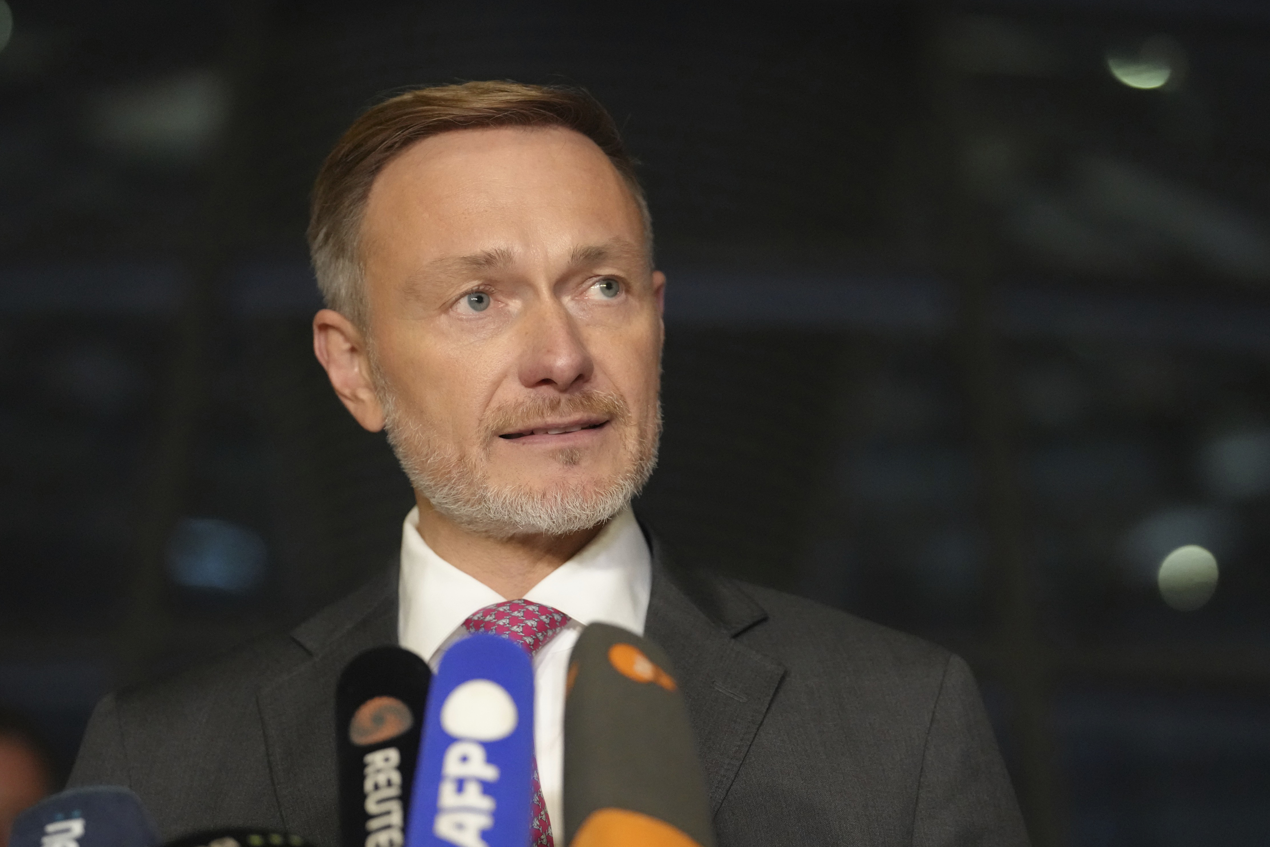 Federal Minister of Finance Christian Lindner makes a press statement following his dismissal by the Federal Chancellor in Berlin, Wednesday Nov. 6, 2024. (Kay Nietfeld/dpa via AP)