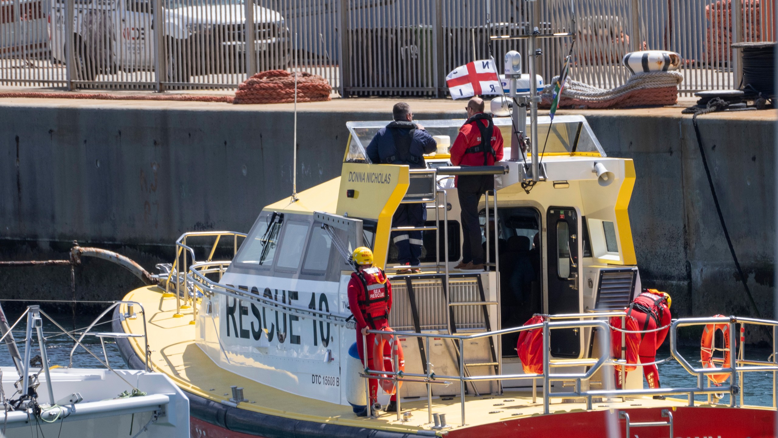 Britain's Prince William sails off with volunteers of the National Sea Rescue Initiative, at Simon's Town harbour near Cape Town, South Africa, Thursday, Nov. 7, 2024. (AP Photo/Jerome Delay, Pool)