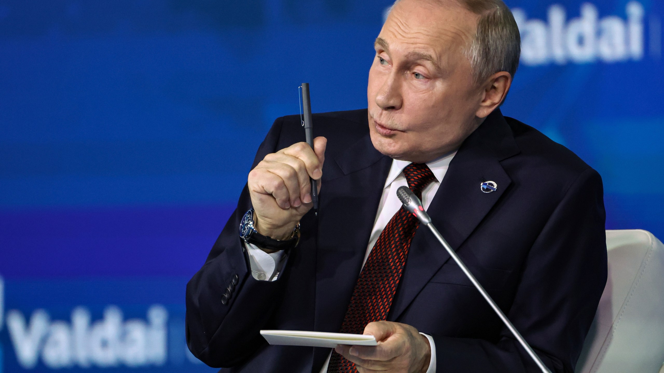 Russian President Vladimir Putin speaks during a meeting with foreign policy experts at the Valdai Discussion Club in the Black Sea resort of Sochi, Russia, Thursday, Nov. 7, 2024. (Maxim Shipenkov/Pool Photo via AP)