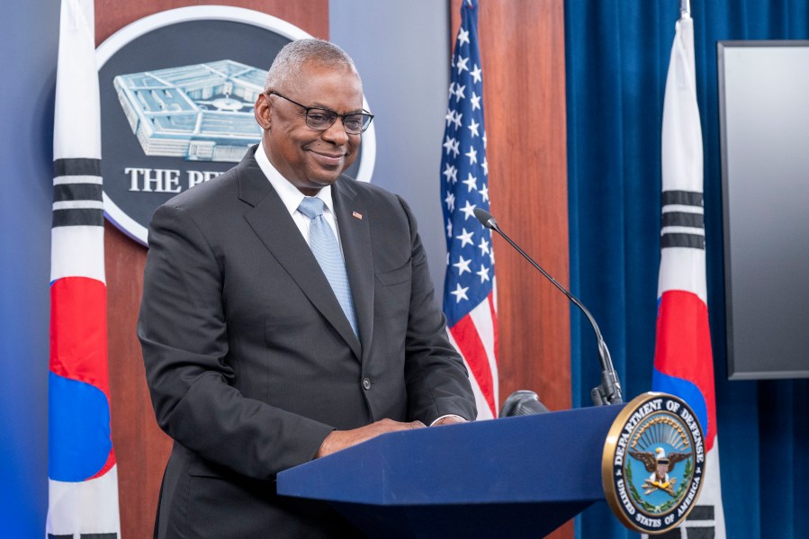 Defense Secretary Lloyd Austin smiles during a joint press briefing with South Korean Defense Minister Kim Yong Hyun at the Pentagon on Wednesday, Oct. 30, 2024 in Washington. (AP Photo/Kevin Wolf)