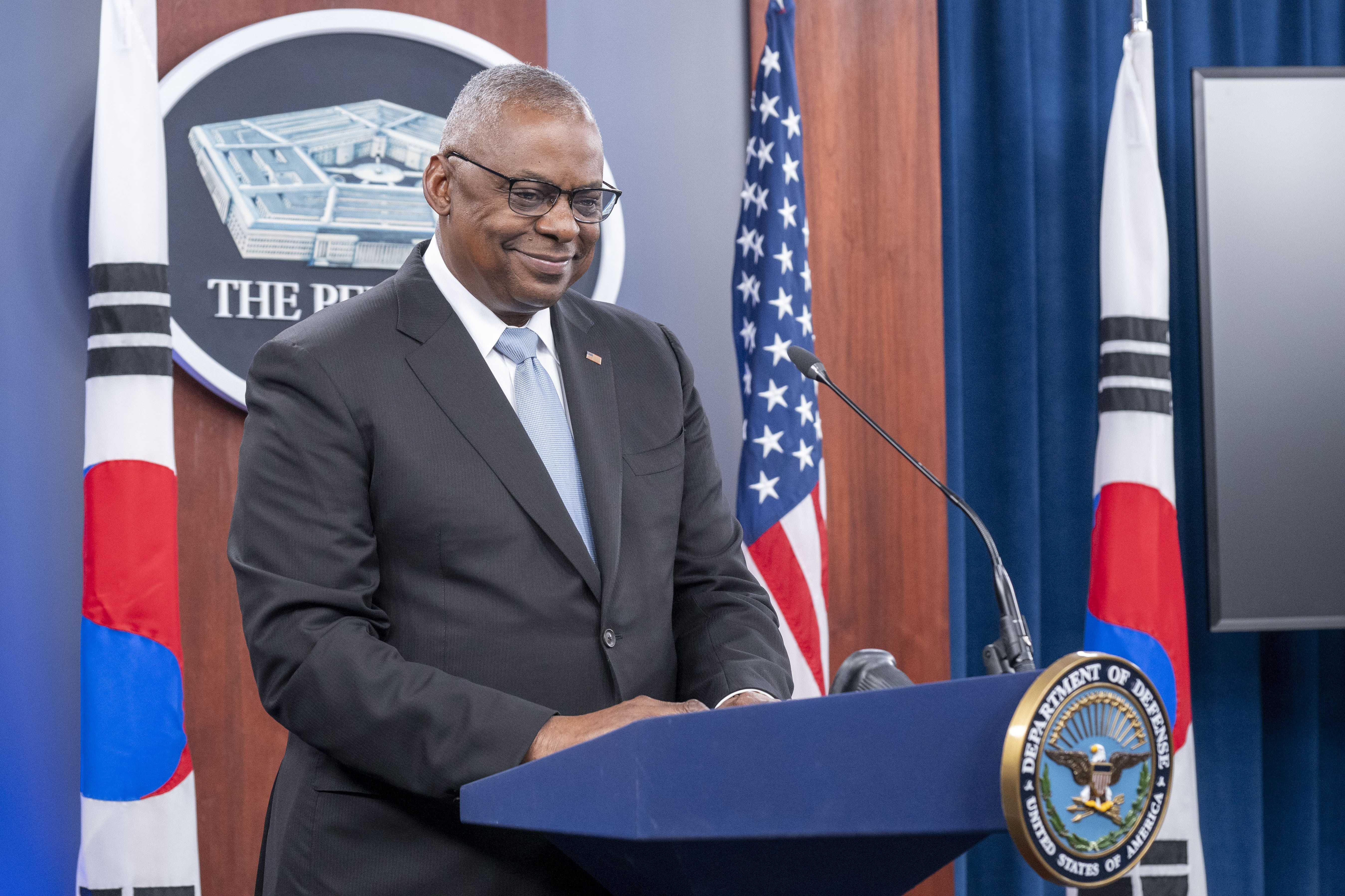 Defense Secretary Lloyd Austin smiles during a joint press briefing with South Korean Defense Minister Kim Yong Hyun at the Pentagon on Wednesday, Oct. 30, 2024 in Washington. (AP Photo/Kevin Wolf)