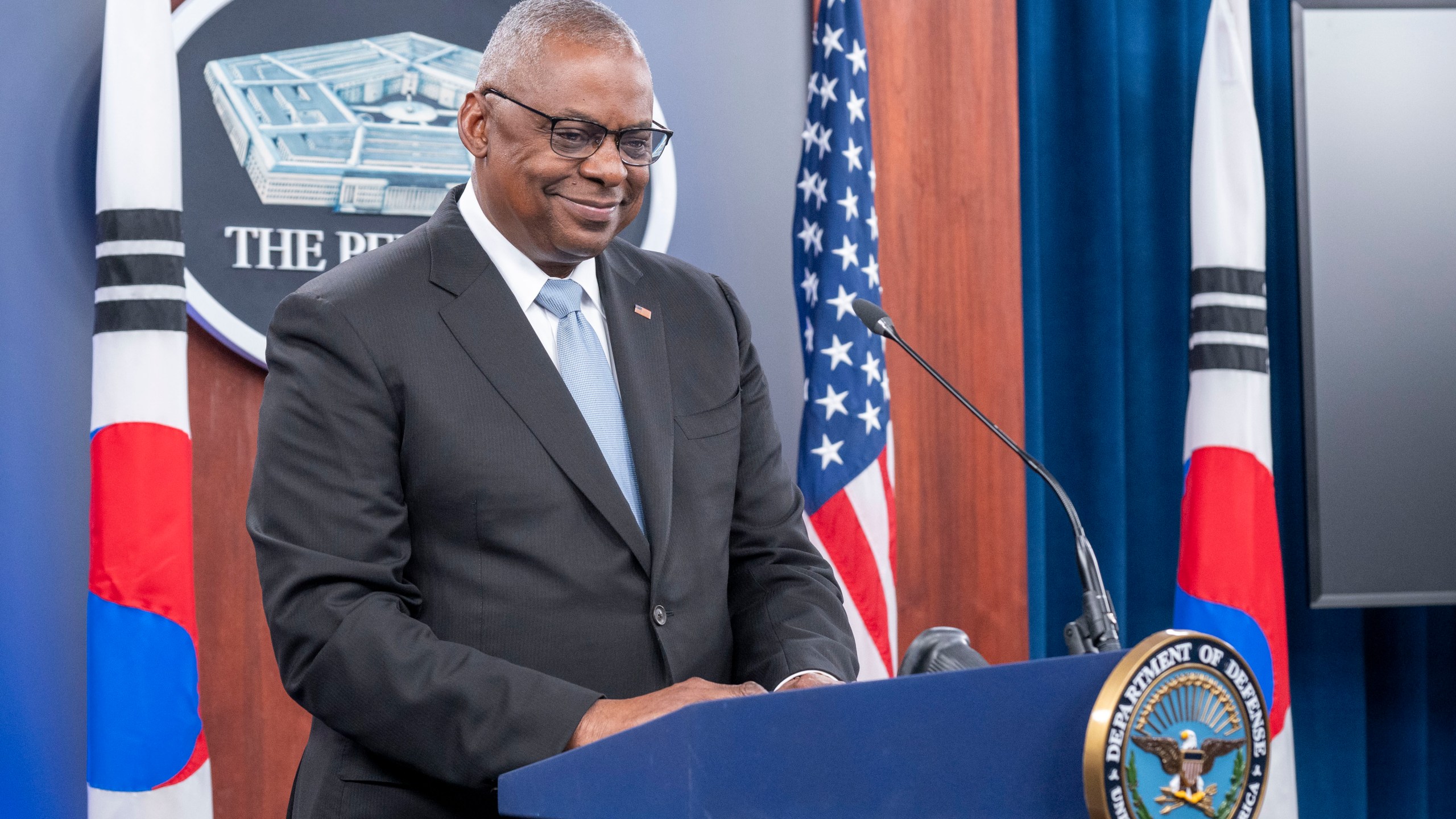 Defense Secretary Lloyd Austin smiles during a joint press briefing with South Korean Defense Minister Kim Yong Hyun at the Pentagon on Wednesday, Oct. 30, 2024 in Washington. (AP Photo/Kevin Wolf)