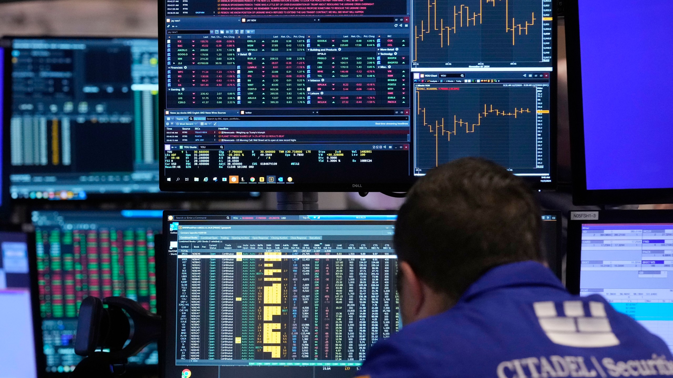 A specialist works at his post on the floor of the New York Stock Exchange, Thursday, Nov. 7, 2024. (AP Photo/Richard Drew)