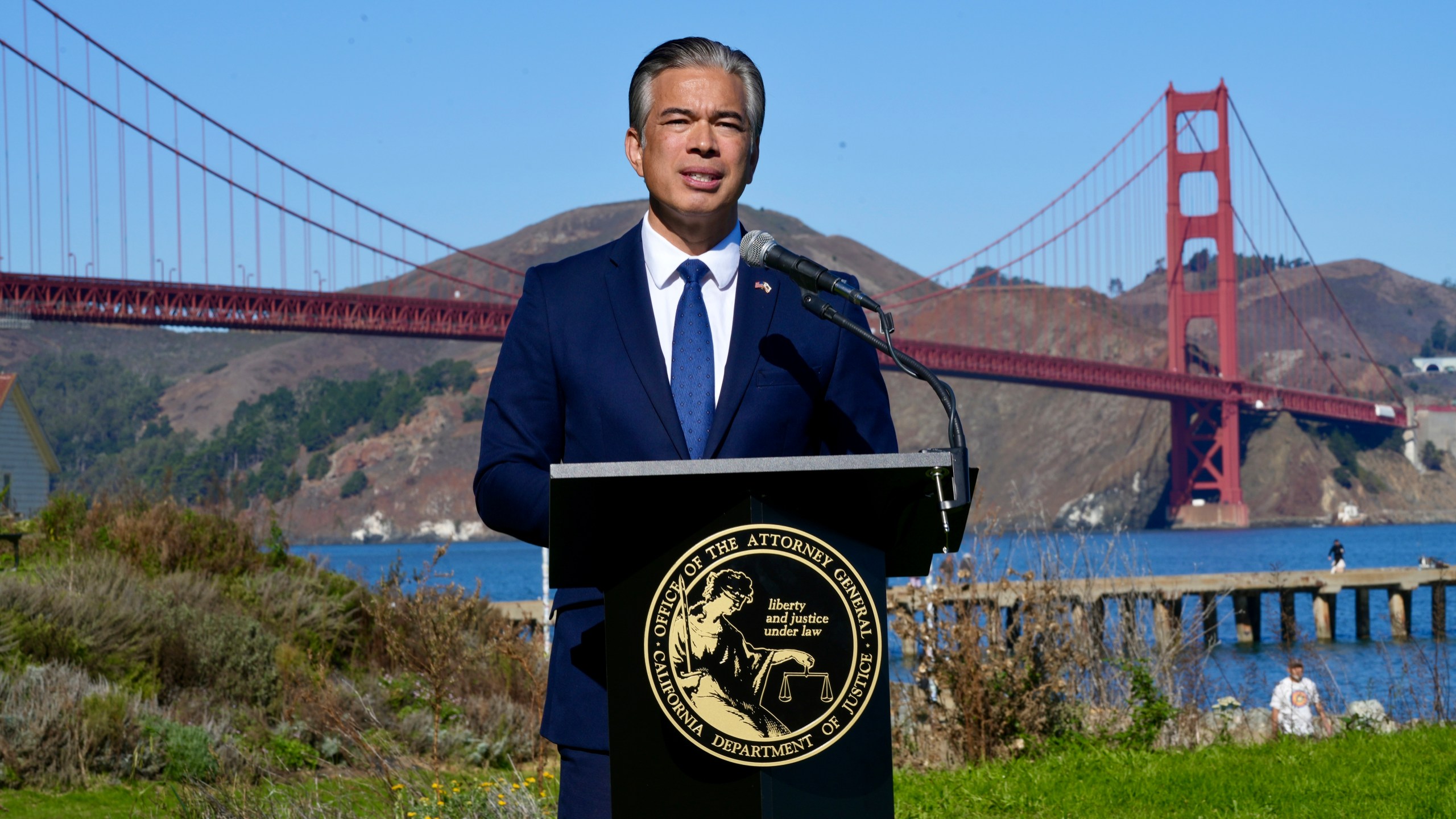 California Attorney General Rob Bonta speaks at a news conference in front of the Golden Gate Bridge in San Francisco on Thursday, Nov. 7, 2024. (AP Photo/Terry Chea)