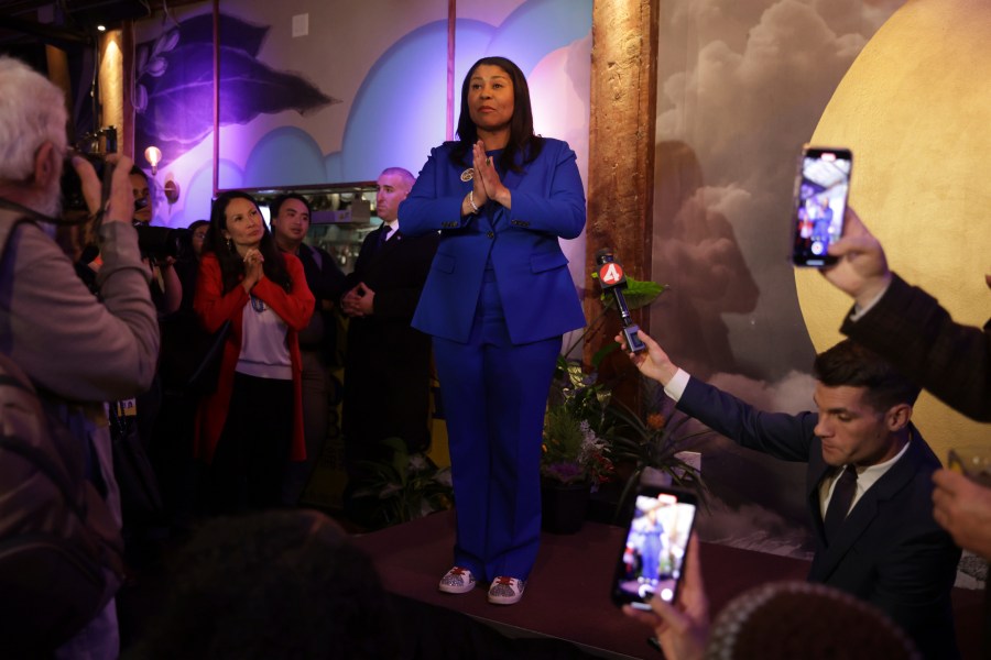 Mayor London Breed speaks during an election night watch party at Little Skillet in San Francisco on Tuesday, Nov. 5, 2024. (Gabrielle Lurie/San Francisco Chronicle via AP)