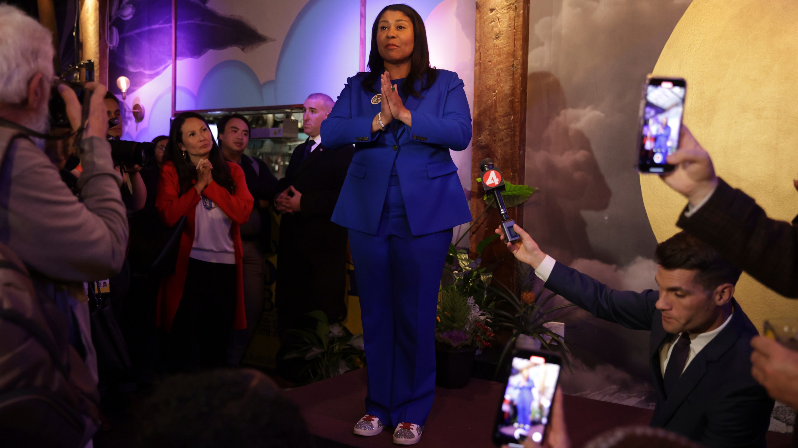 Mayor London Breed speaks during an election night watch party at Little Skillet in San Francisco on Tuesday, Nov. 5, 2024. (Gabrielle Lurie/San Francisco Chronicle via AP)