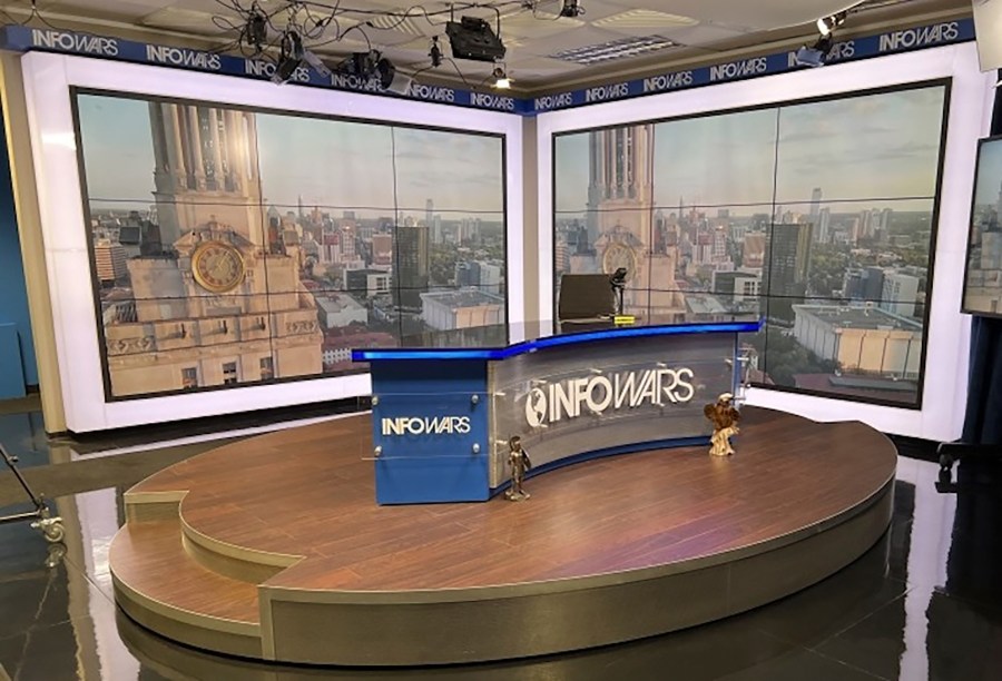 This undated photo provided by ThreeSixty Asset Advisors shows the Infowars set. (ThreeSixty Asset Advisors via AP)