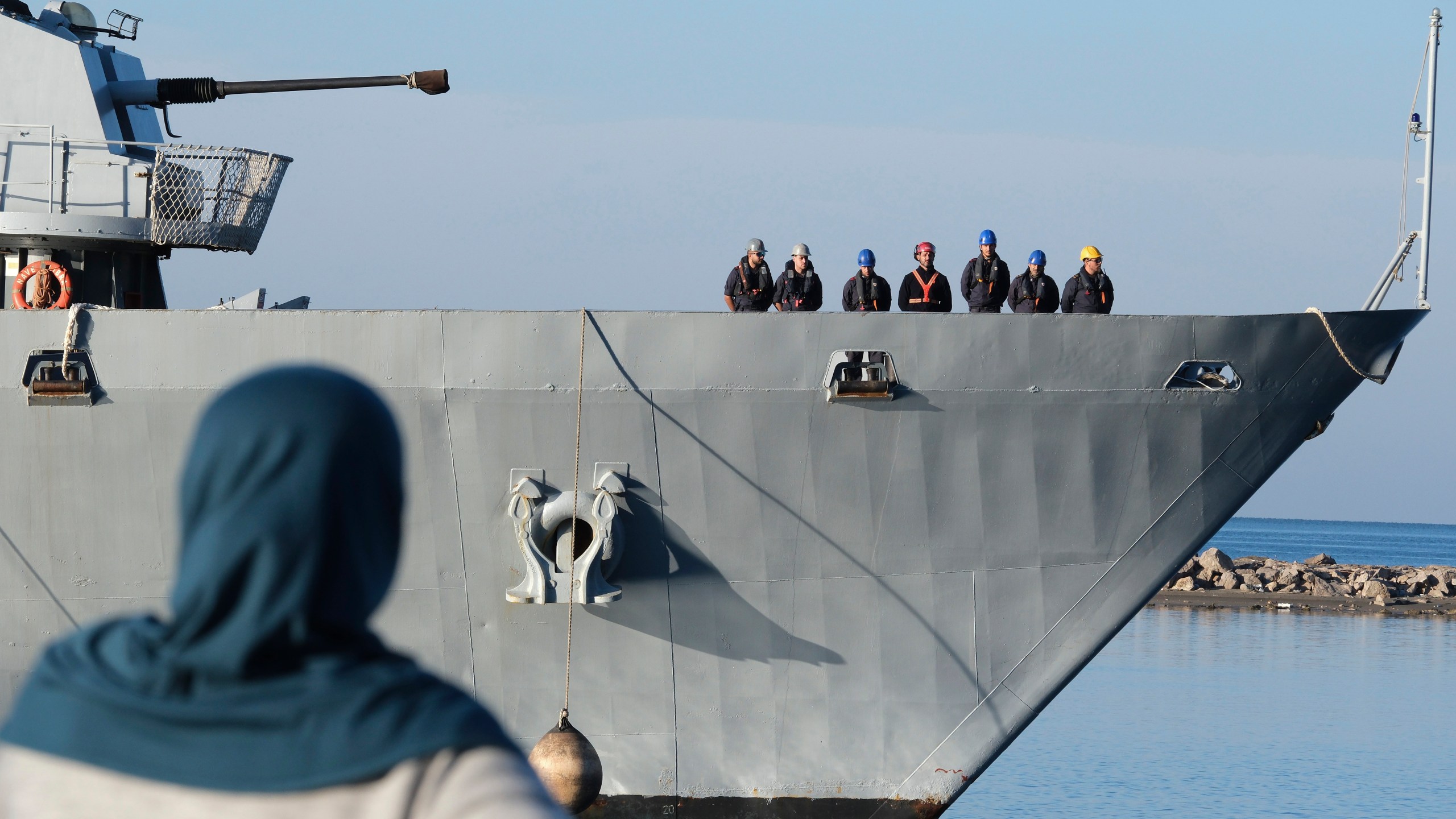 The Italian navy ship Libra arrives at the port of Shengjin, northwestern Albania, Friday, Nov. 8, 2024, with the second group of eight migrants intercepted in international waters to be processed there in a reception facility despite the failure with the first group in October.(AP Photo/Vlasov Sulaj)