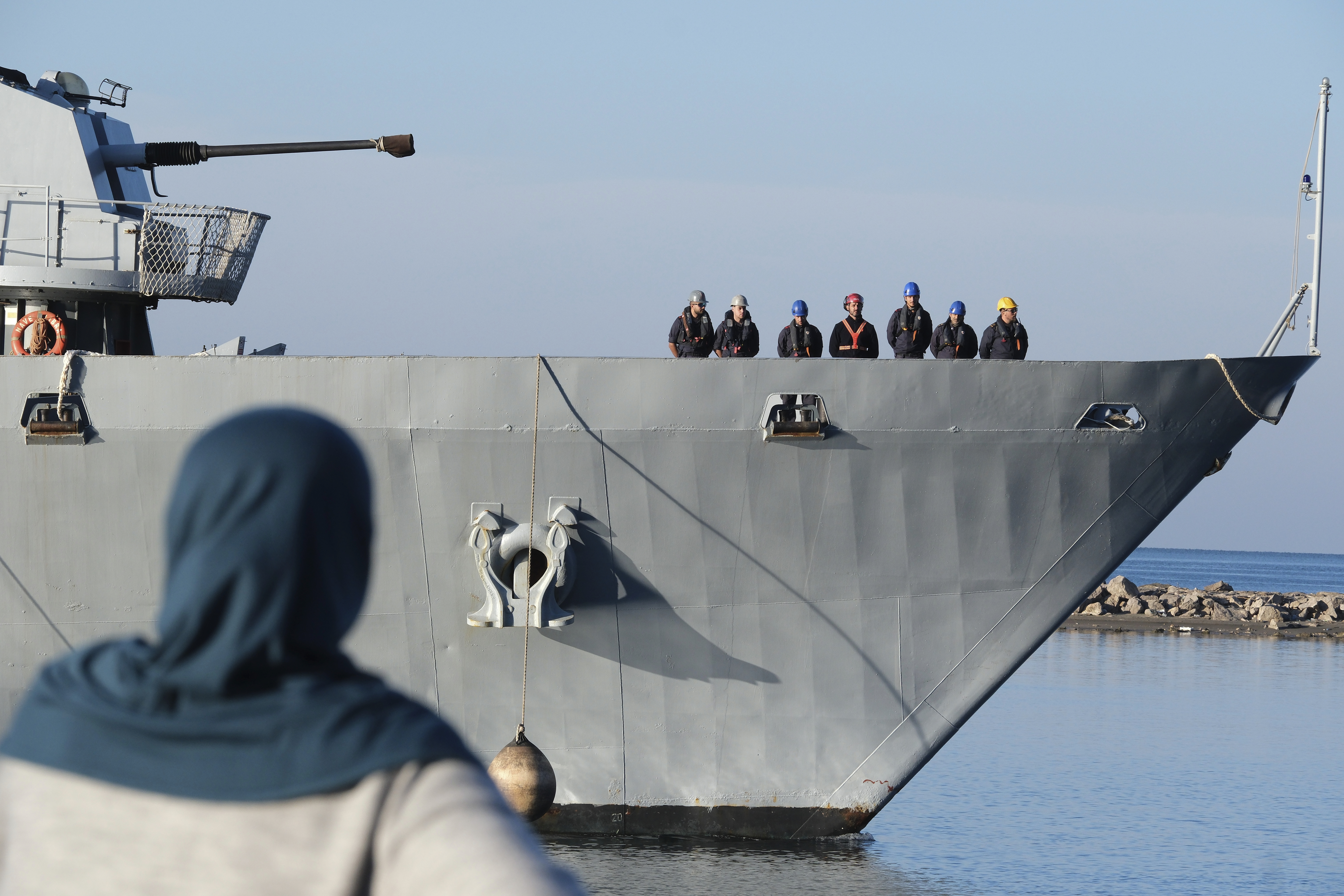 The Italian navy ship Libra arrives at the port of Shengjin, northwestern Albania, Friday, Nov. 8, 2024, with the second group of eight migrants intercepted in international waters to be processed there in a reception facility despite the failure with the first group in October.(AP Photo/Vlasov Sulaj)