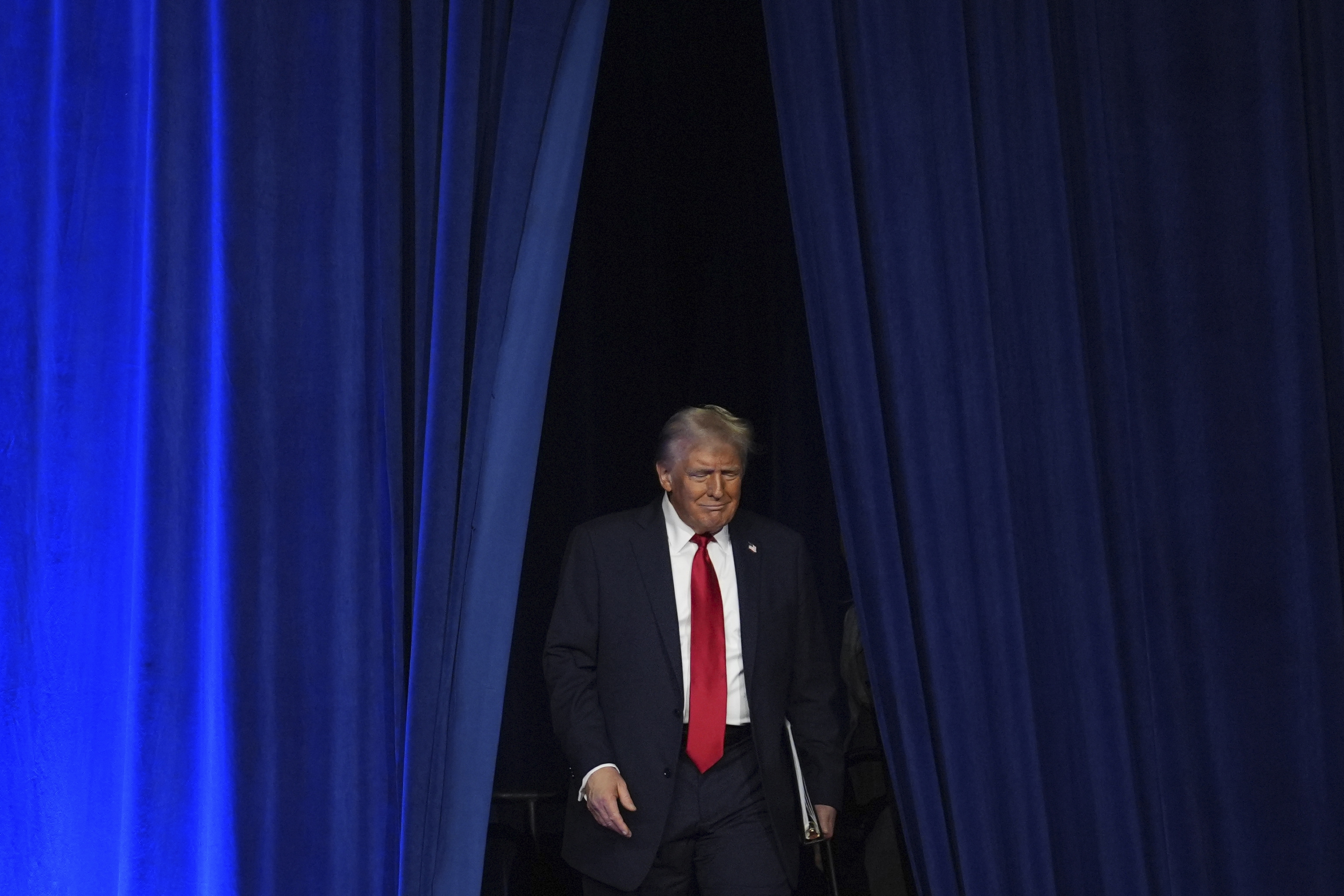 FILE - Republican presidential nominee former President Donald Trump arrives at an election night watch party at the Palm Beach Convention Center, Nov. 6, 2024, in West Palm Beach, Fla. (AP Photo/Evan Vucci, File)