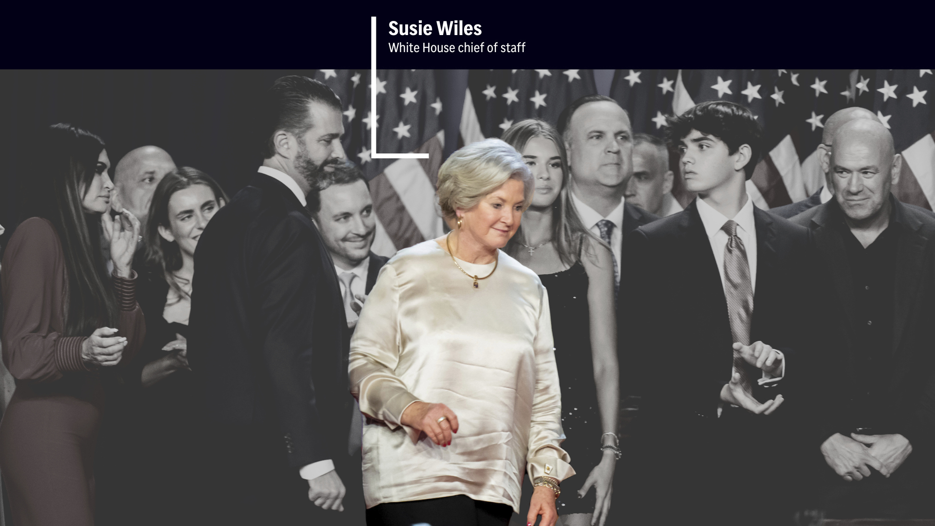 A crew of longtime friends, aides and new allies join Donald Trump on stage during an election night watch party. Trump has named Susie Wiles as his next chief of staff, the first woman to hold the job. (AP Photo/Alex Brandon; AP Illustration by Alex Connor)