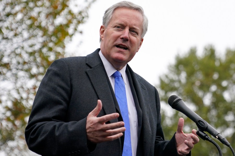 FILE - White House chief of staff Mark Meadows speaks with reporters outside the White House, Monday, Oct. 26, 2020, in Washington. (AP Photo/Patrick Semansky, File)