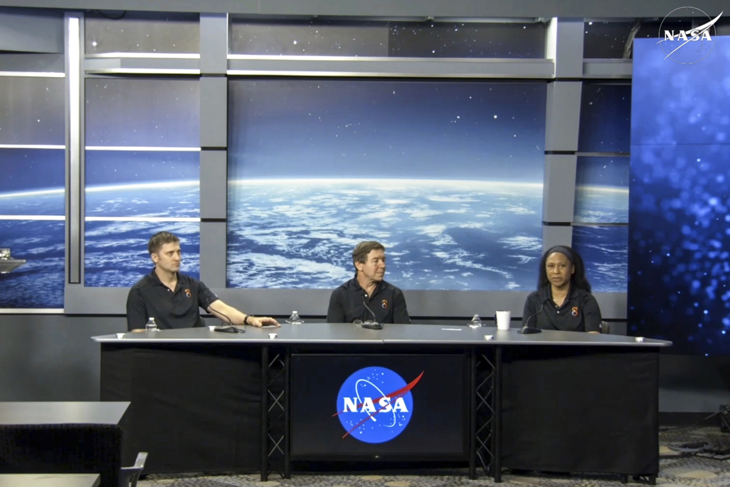 In this image from video provided by NASA, astronauts Matthew Dominick, Michael Barratt and Jeanette Epps participate in a news conference at the agency’s Johnson Space Center in Houston on Friday, Nov. 8, 2024. (NASA via AP)