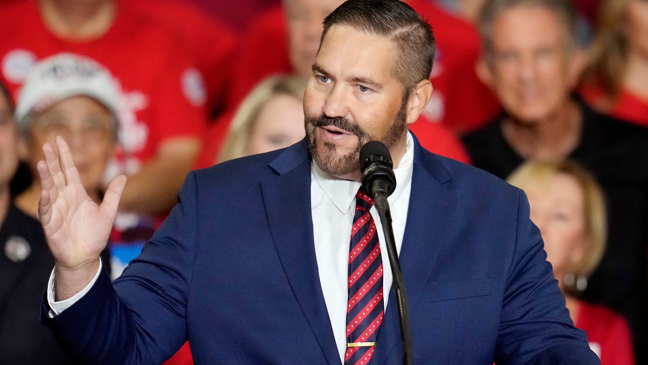 FILE - Maricopa County Recorder candidate Arizona state Rep. Justin Heap, R-Phoenix, speaks during a campaign event Tuesday, Oct. 22, 2024, in Peoria, Ariz. (AP Photo/Ross D. Franklin, File)