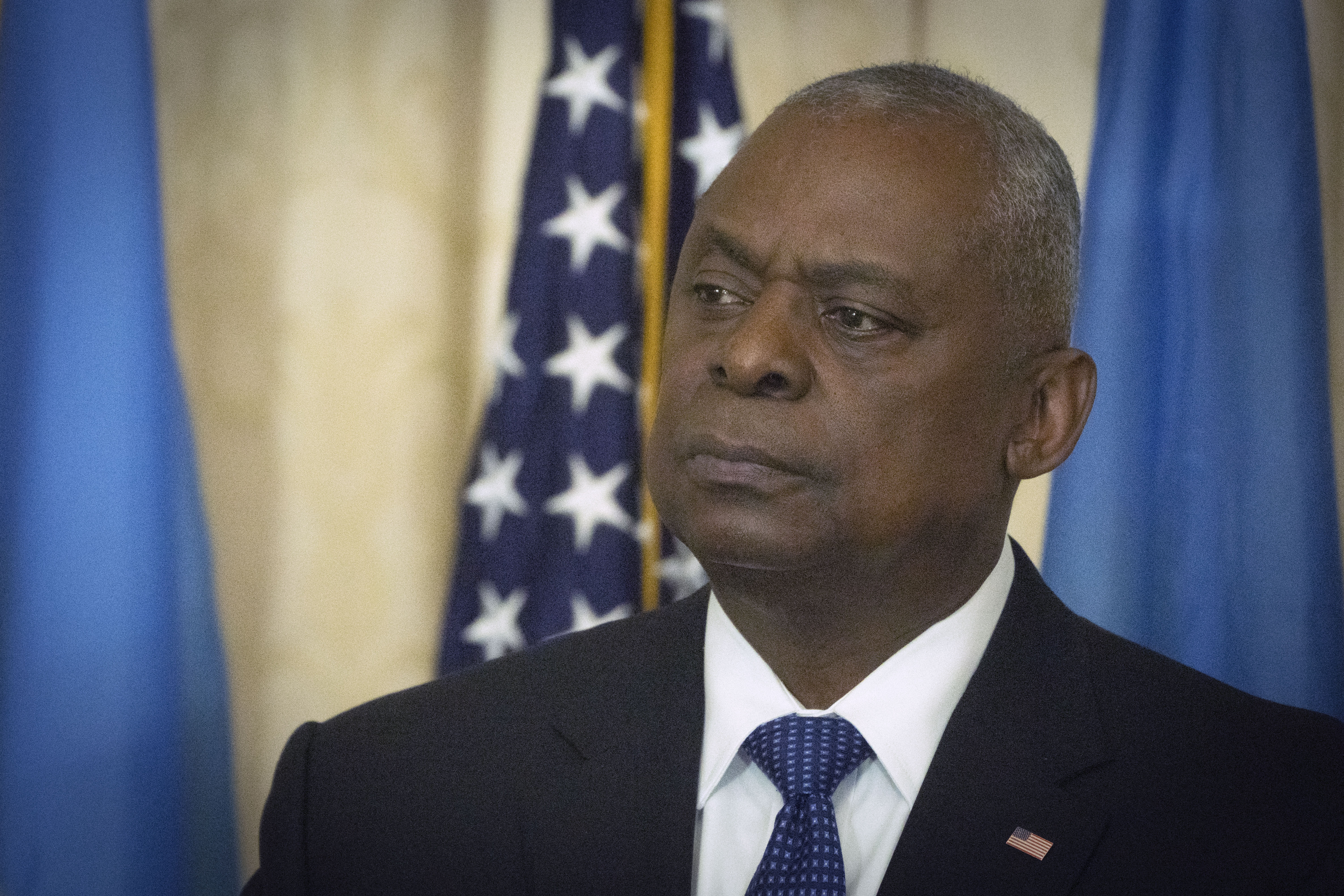 US Secretary of Defence Lloyd Austin makes a speech at Diplomatic Academy of Ukraine in Kyiv, Ukraine, Monday, Oct. 21, 2024. (AP Photo/Efrem Lukatsky)