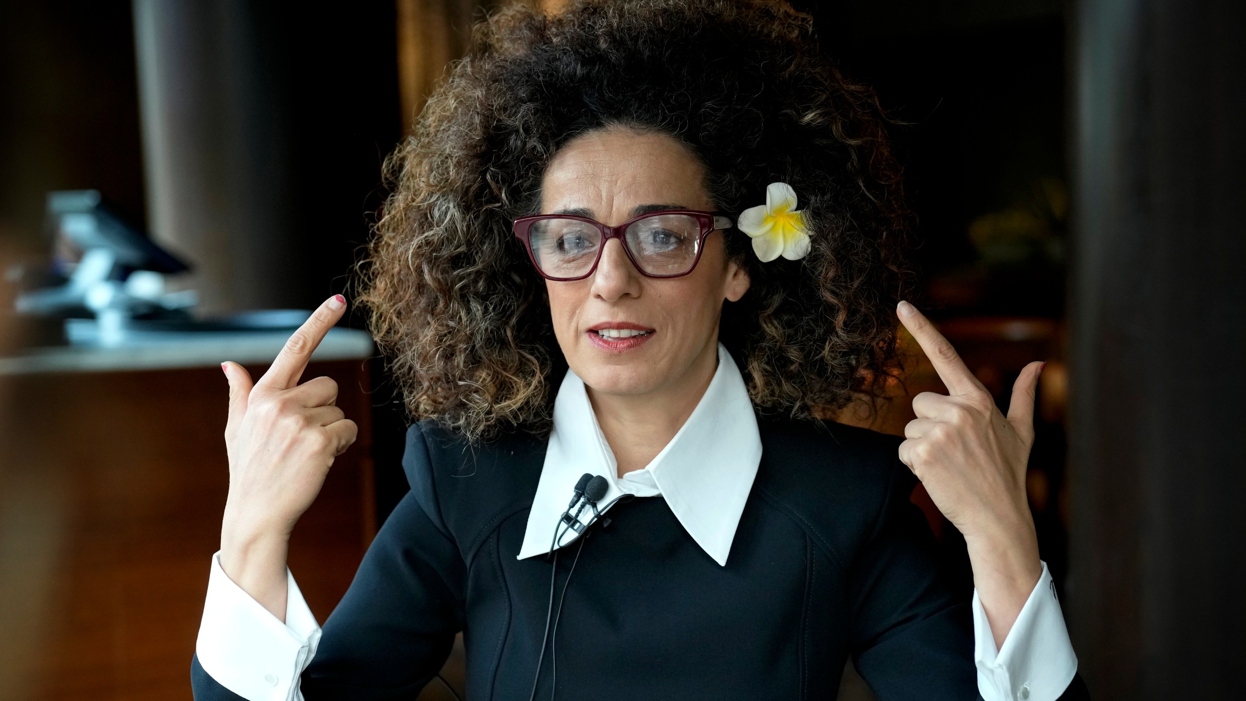 Masih Alinejad, 48, a prominent Iranian American human rights activist attends an interview with the Associated Press in Berlin, Germany, Saturday, Nov. 9, 2024. (AP Photo/Ebrahim Noroozi)