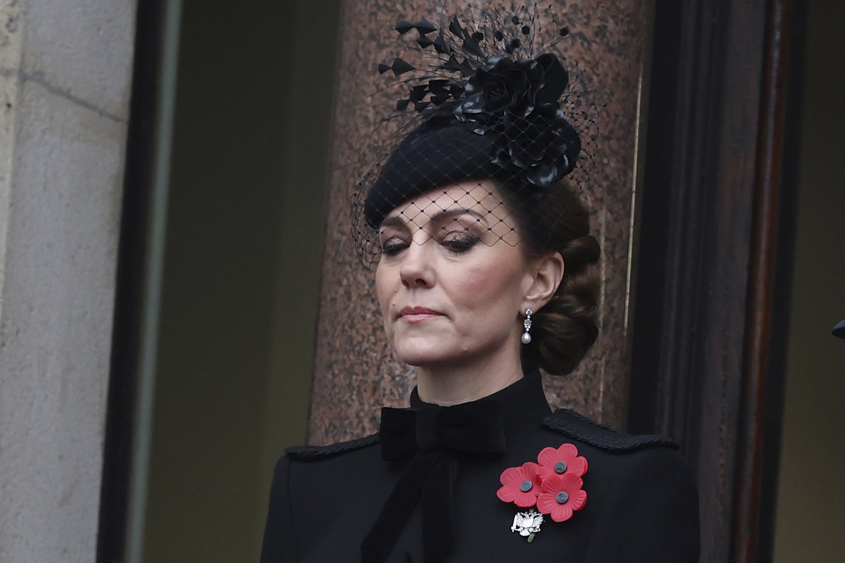 Britain's Kate, Princess of Wales, stands on a balcony during the National Service of Remembrance at The Cenotaph in London, England, Sunday, Nov. 10, 2024. (Photo by Chris Jackson/Pool Photo via AP)