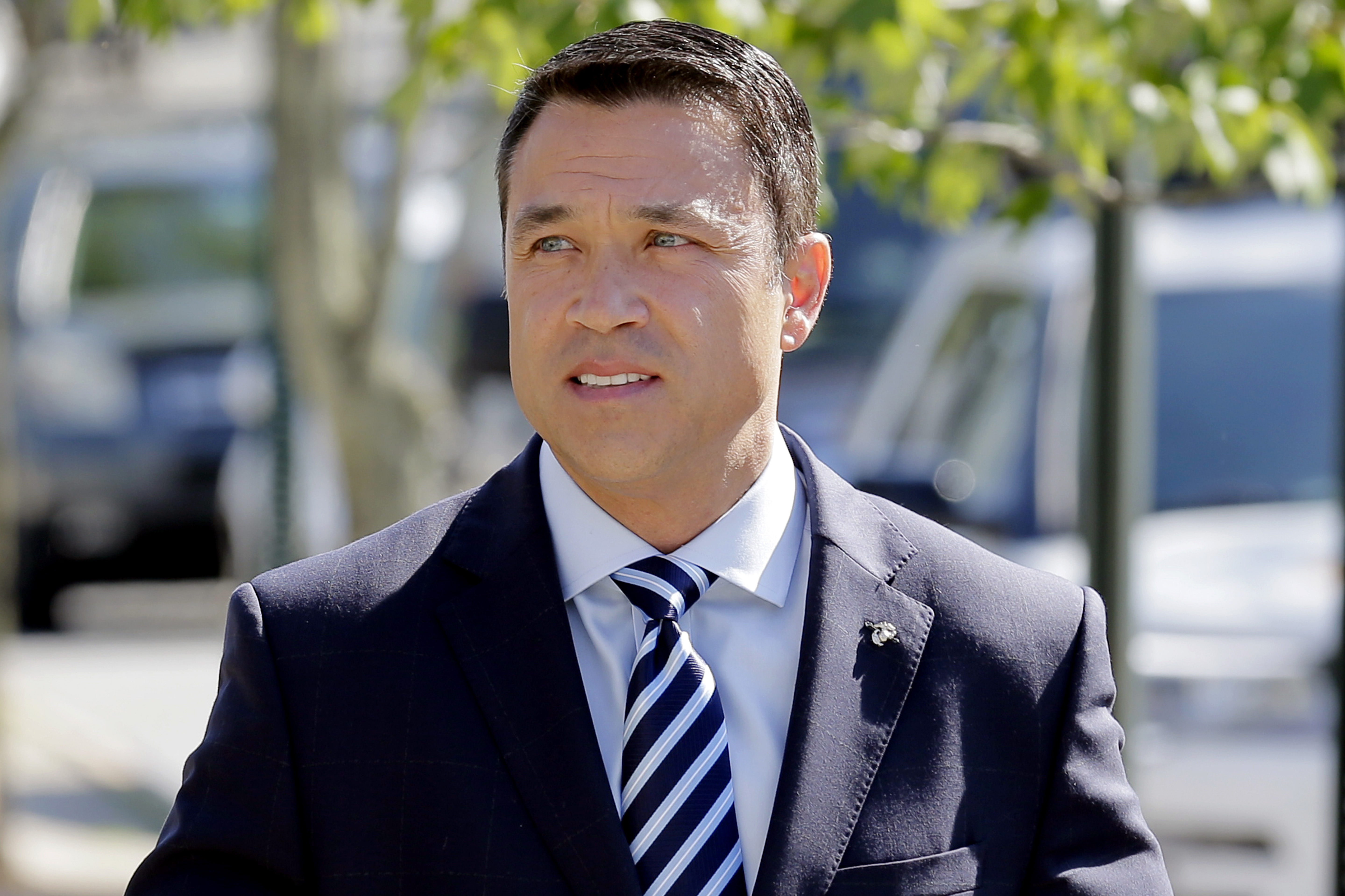 FILE — Former U.S. Rep. Michael Grimm arrives to his polling site in the Staten Island borough of New York, June 26, 2018. (AP Photo/Seth Wenig, File)