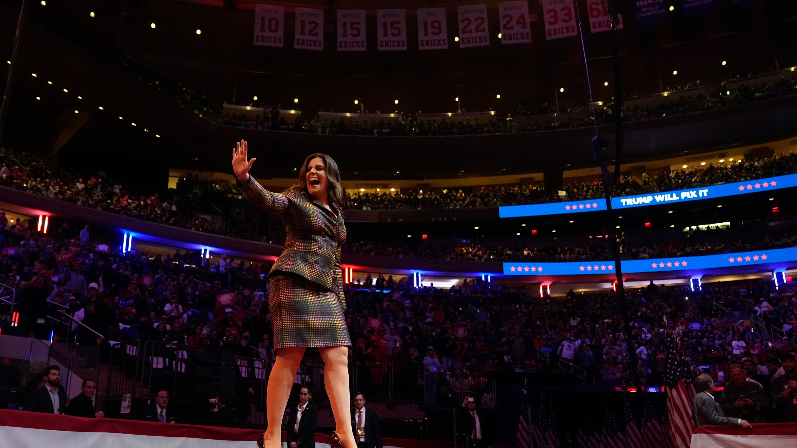 Rep. Elise Stefanik, R-N.Y., speaks before Republican presidential nominee former President Donald Trump at a campaign rally at Madison Square Garden, Sunday, Oct. 27, 2024, in New York. (AP Photo/Alex Brandon)