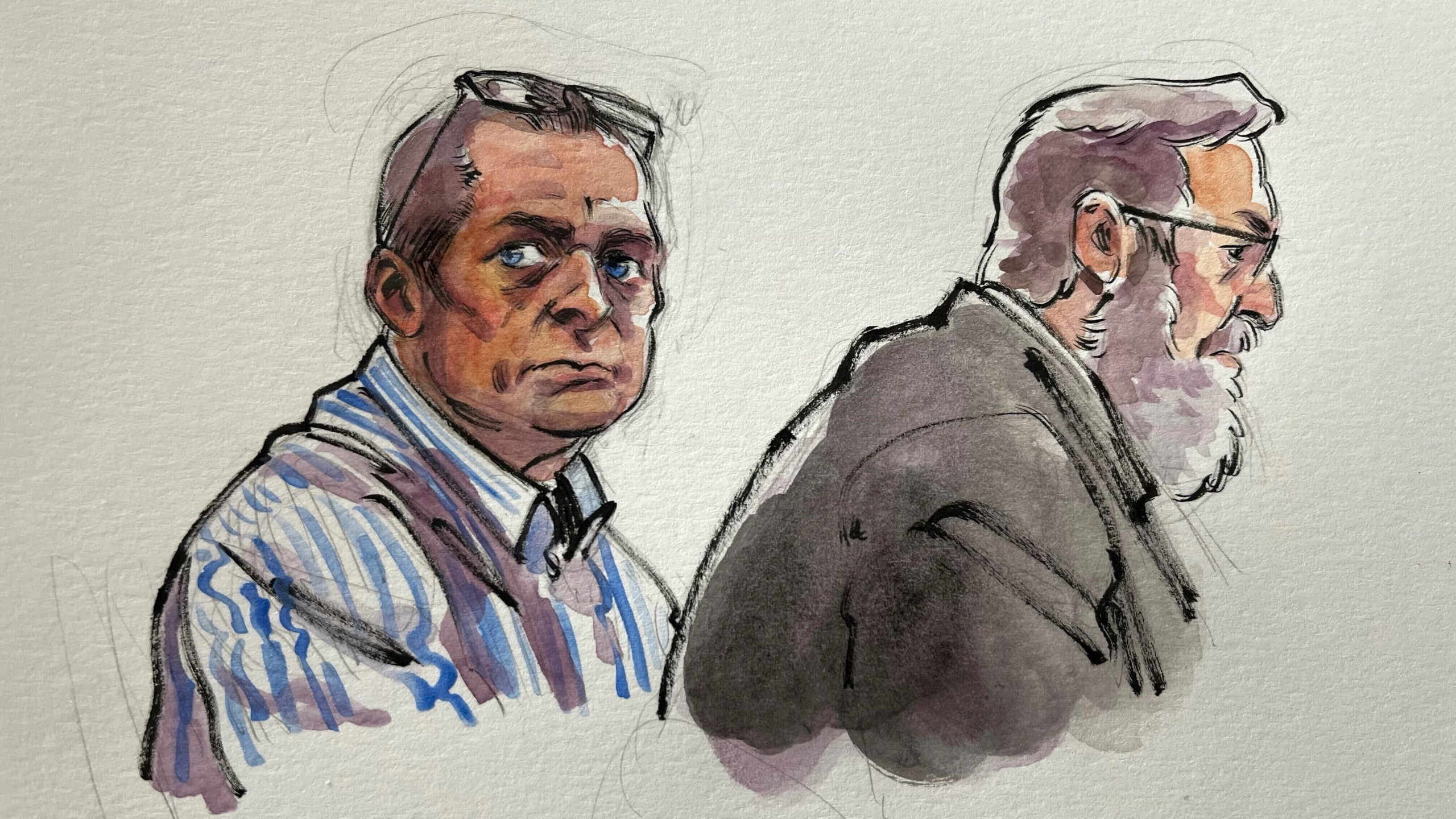 In this courtroom sketch, Richard Allen, left, is seated next to one of his defense attorneys, Andrew Baldwin, inside a courtroom at the Carroll County Courthouse in Delphi, Ind. on Saturday, Nov. 2, 2024. (Li Buszka via AP, Pool)