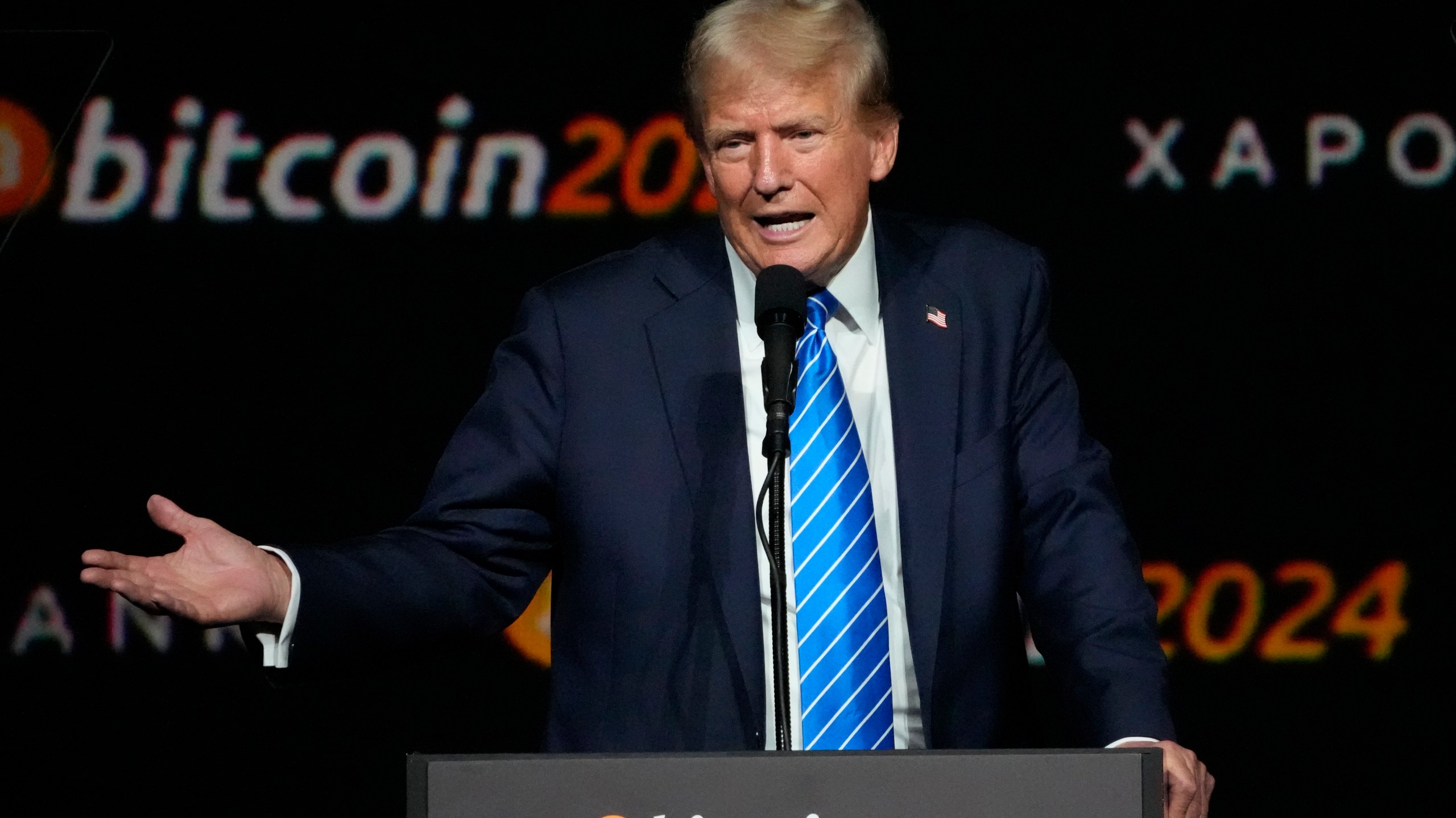 FILE - Republican presidential candidate former President Donald Trump speaks at the Bitcoin 2024 Conference Saturday, July 27, 2024, in Nashville, Tenn. (AP Photo/Mark Humphrey, File)