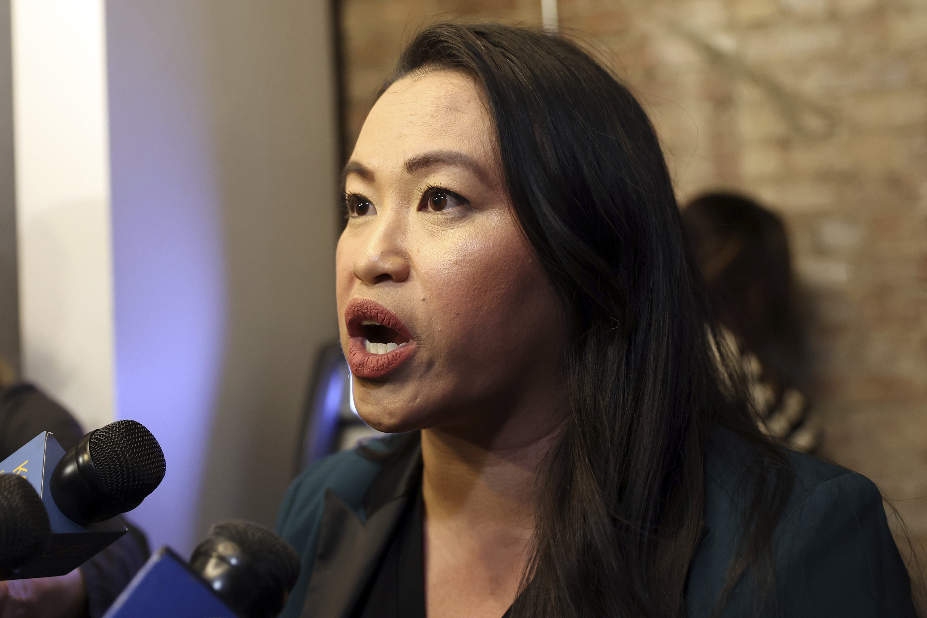 Oakland Mayor Sheng Thao addresses the media during an election night gathering at Fluid 510 in Oakland, Calif., Tuesday, Nov. 5, 2024. (Scott Strazzante/San Francisco Chronicle via AP)