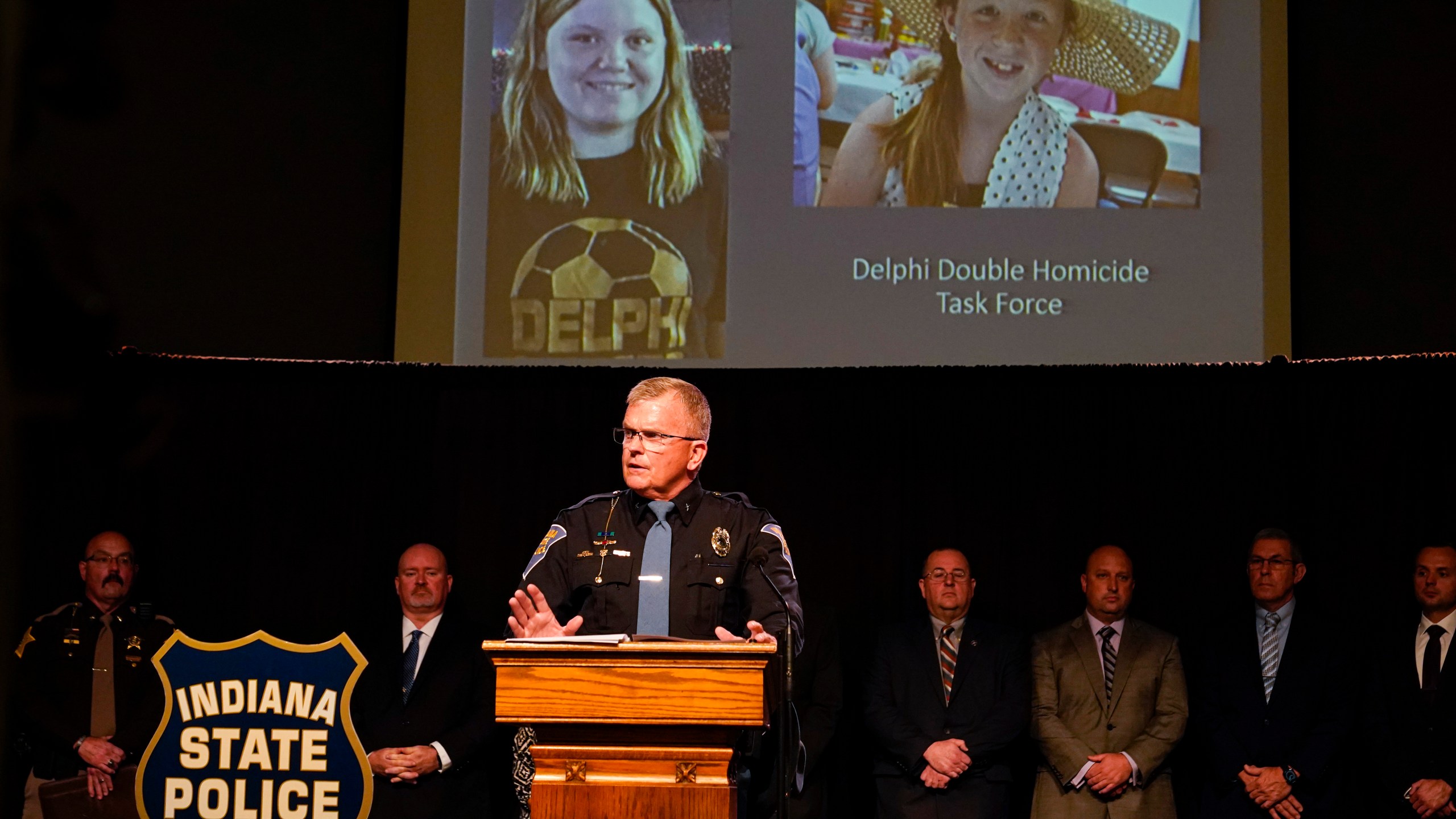 FILE - Indiana State Police Superintendent Doug Carter announces during a news conference in Delphi, Ind., Oct. 31, 2022, the arrest of Richard Allen for the murders of two teenage girls killed in 2017. (AP Photo/Michael Conroy, File)