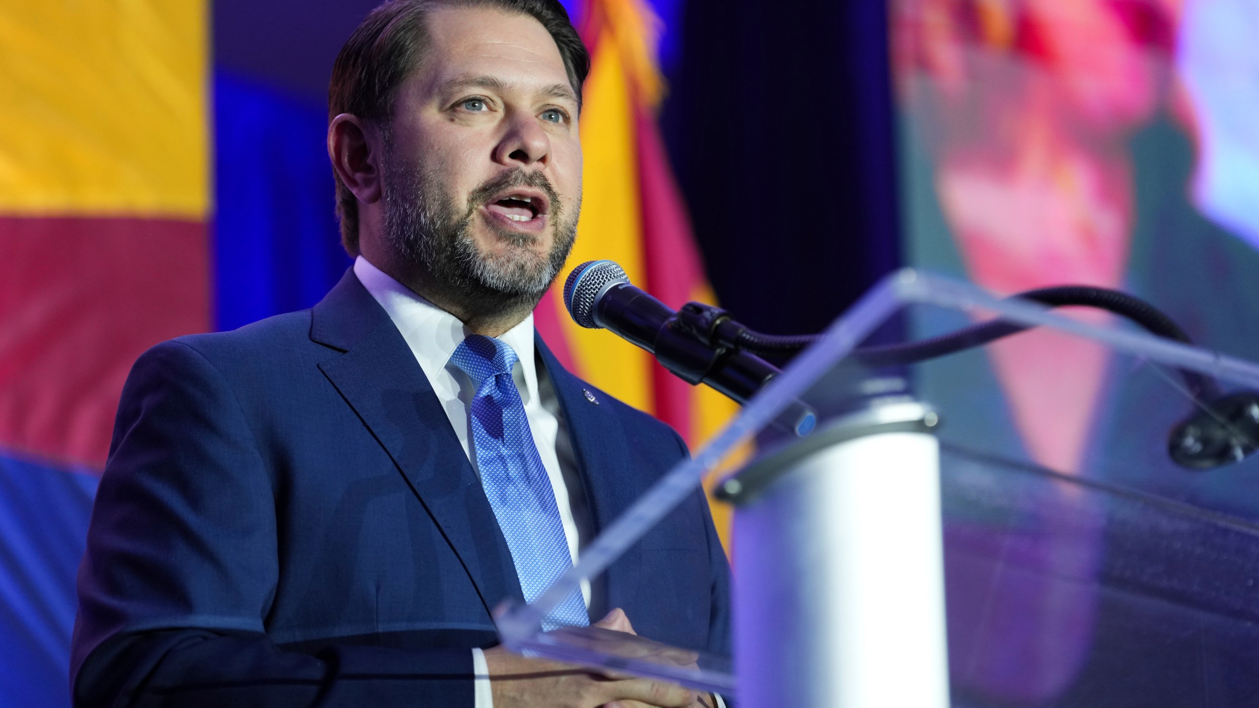 Arizona Democratic Senate candidate Rep. Ruben Gallego, D-Ariz., speaks during a watch party on election night Tuesday, Nov. 5, 2024, in Phoenix. (AP Photo/Ross D. Franklin)