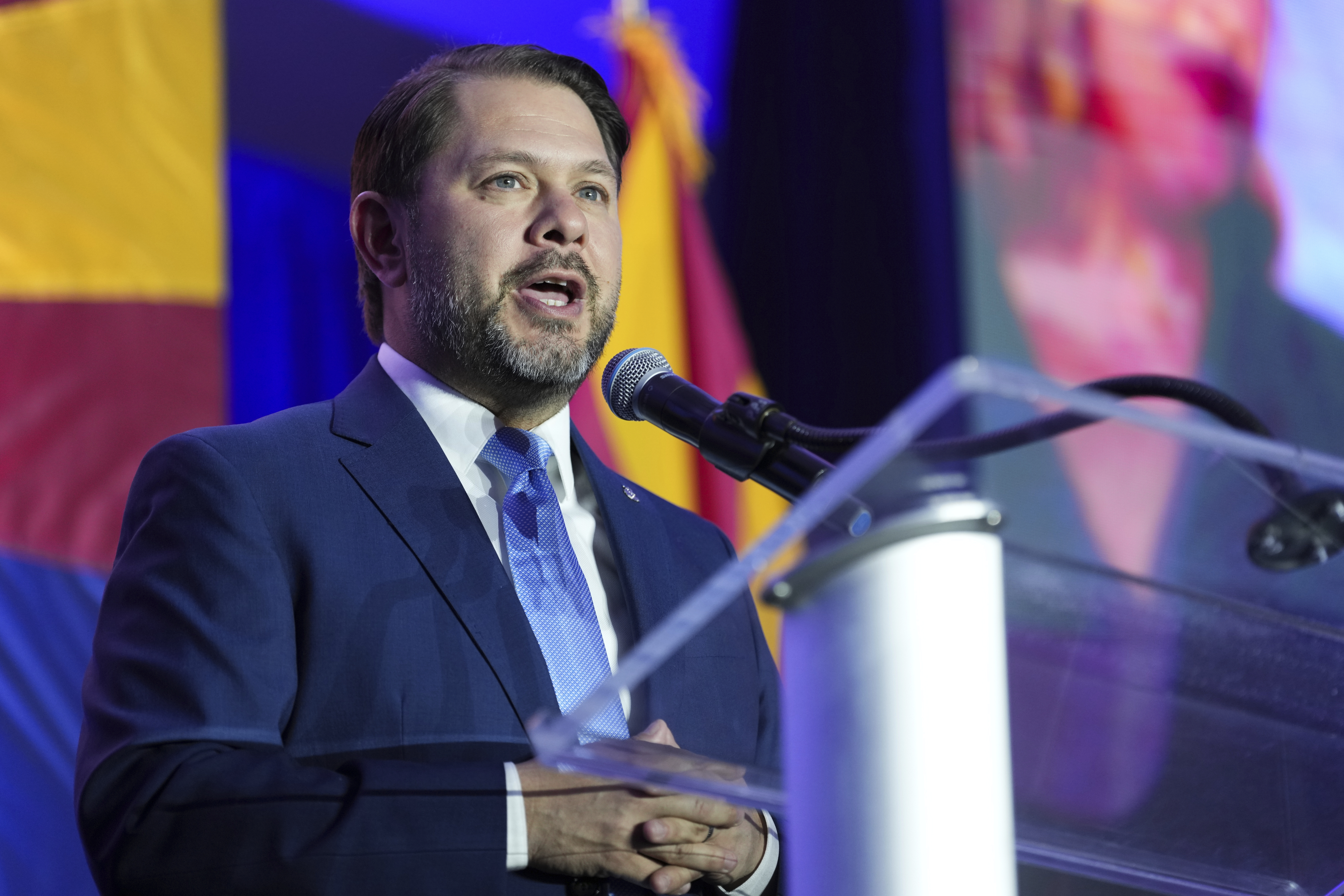 Arizona Democratic Senate candidate Rep. Ruben Gallego, D-Ariz., speaks during a watch party on election night Tuesday, Nov. 5, 2024, in Phoenix. (AP Photo/Ross D. Franklin)