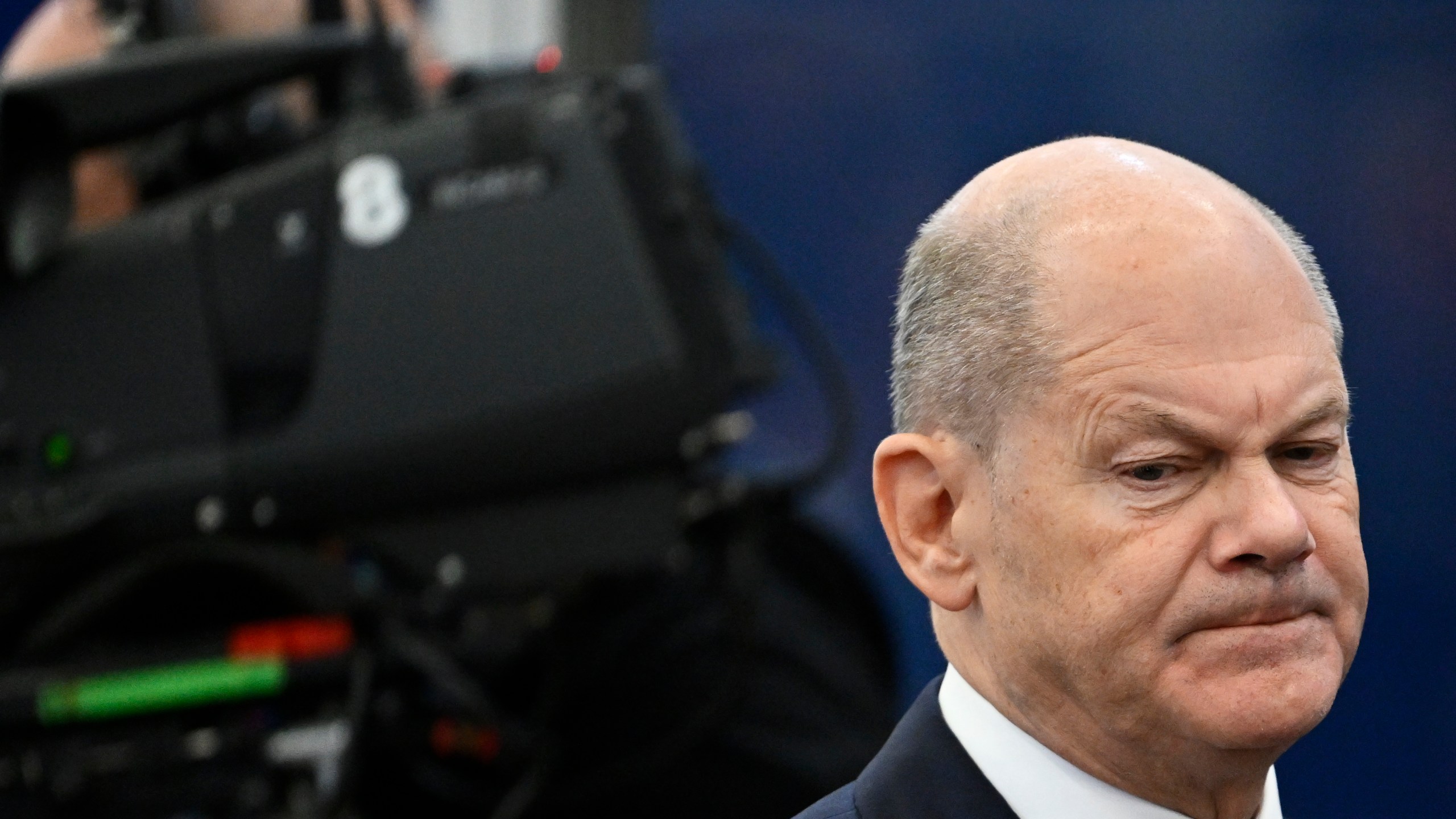 Germany's Chancellor Olaf Scholz arrives for a plenary session during an EU Summit at the Puskas Arena in Budapest, Friday, Nov. 8, 2024. (AP Photo/Denes Erdos)