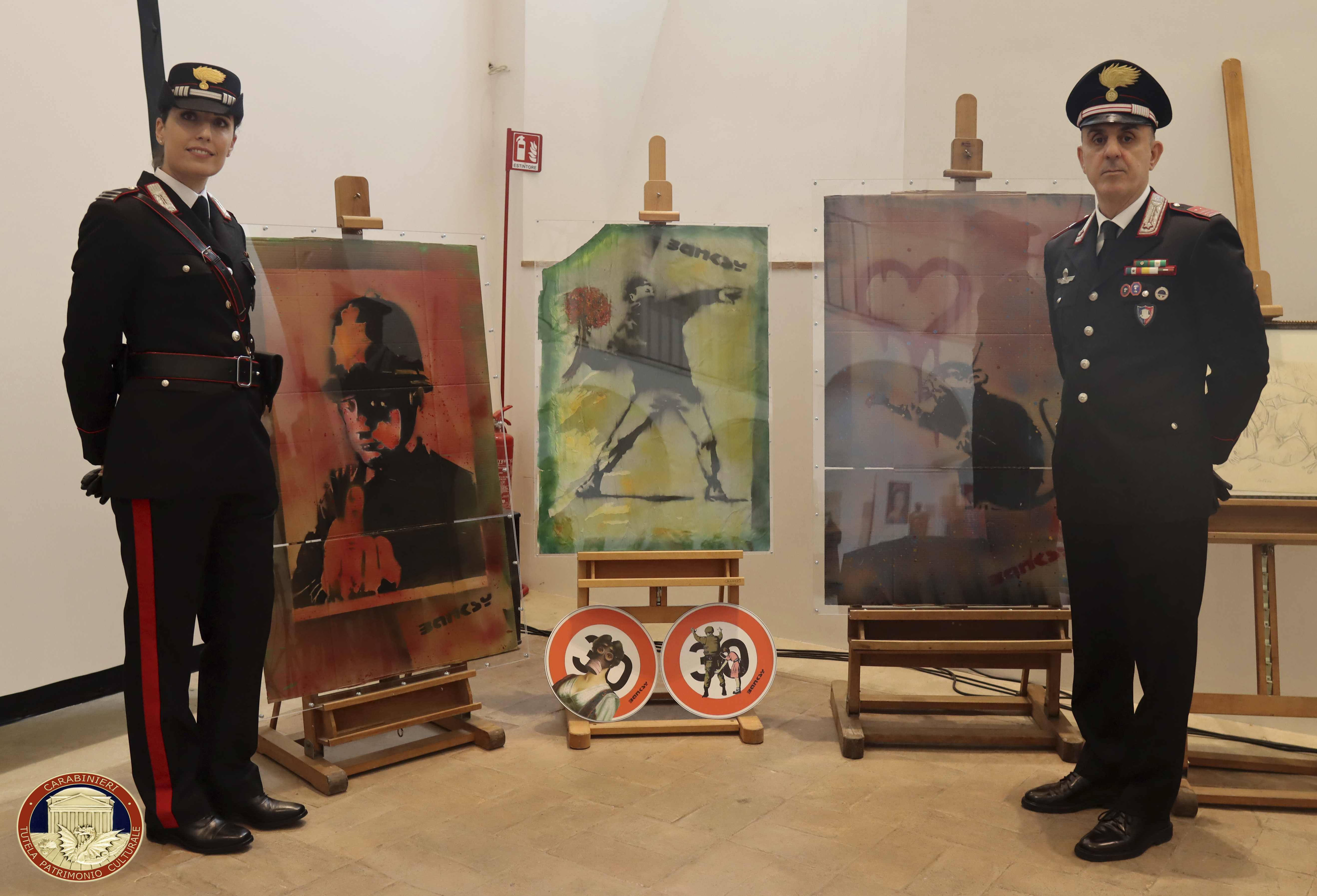 Fake Banksy artworks that were sized by police are show in Rome in this handout image provided by the Italian Culture Ministry on Tuesday, Oct. 15, 2024. (AP Photo/Italian Culture Ministry, HOGP)