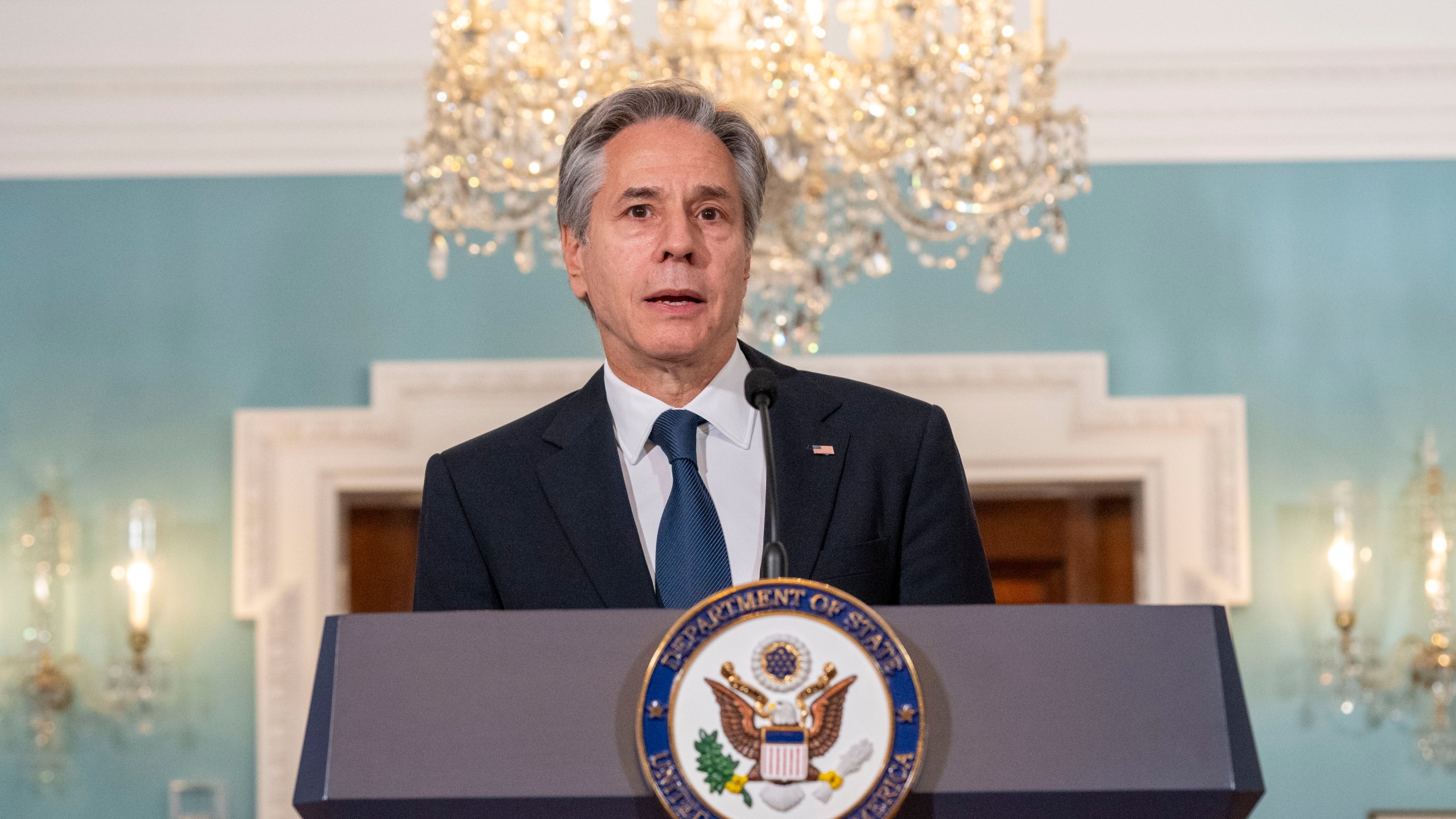 Secretary of State Antony Blinken speak during an event with Secretary of Commerce Gina Raimondo on the Economic Benefits of U.S. Travel and Tourism on Tuesday, Oct. 29, 2024 at the State Department in Washington. (AP Photo/Kevin Wolf)