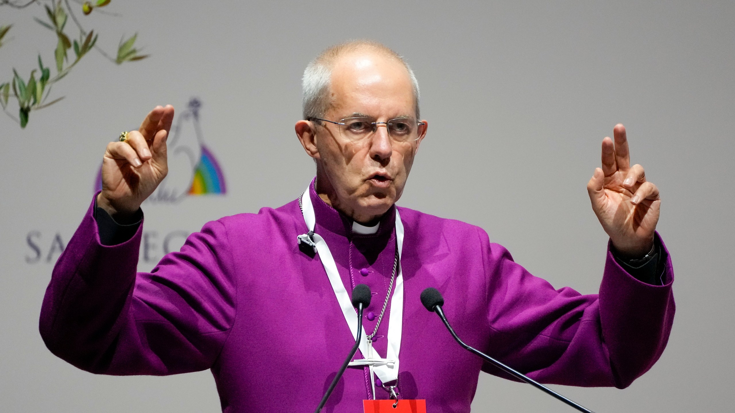 FILE - Archbishop of Canterbury Justin Welby delivers his speech at a interreligious meeting, in Rome on Oct. 6, 2021. (AP Photo/Gregorio Borgia, File)