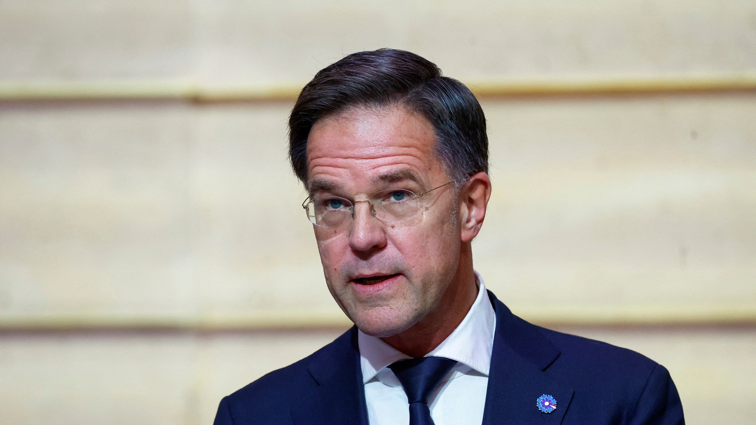 NATO Secretary General Mark Rutte delivers his speech during a meeting with French President Emmanuel Macron at the Elysee Palace, in Paris, France, Tuesday, Nov. 12, 2024. (Manon Cruz/ Pool Photo via AP)