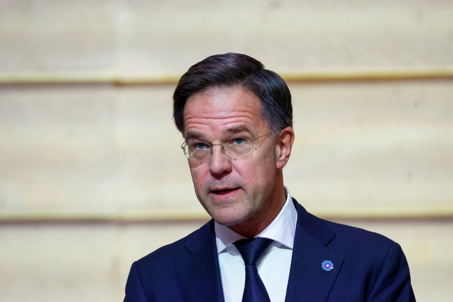 NATO Secretary General Mark Rutte delivers his speech during a meeting with French President Emmanuel Macron at the Elysee Palace, in Paris, France, Tuesday, Nov. 12, 2024. (Manon Cruz/ Pool Photo via AP)