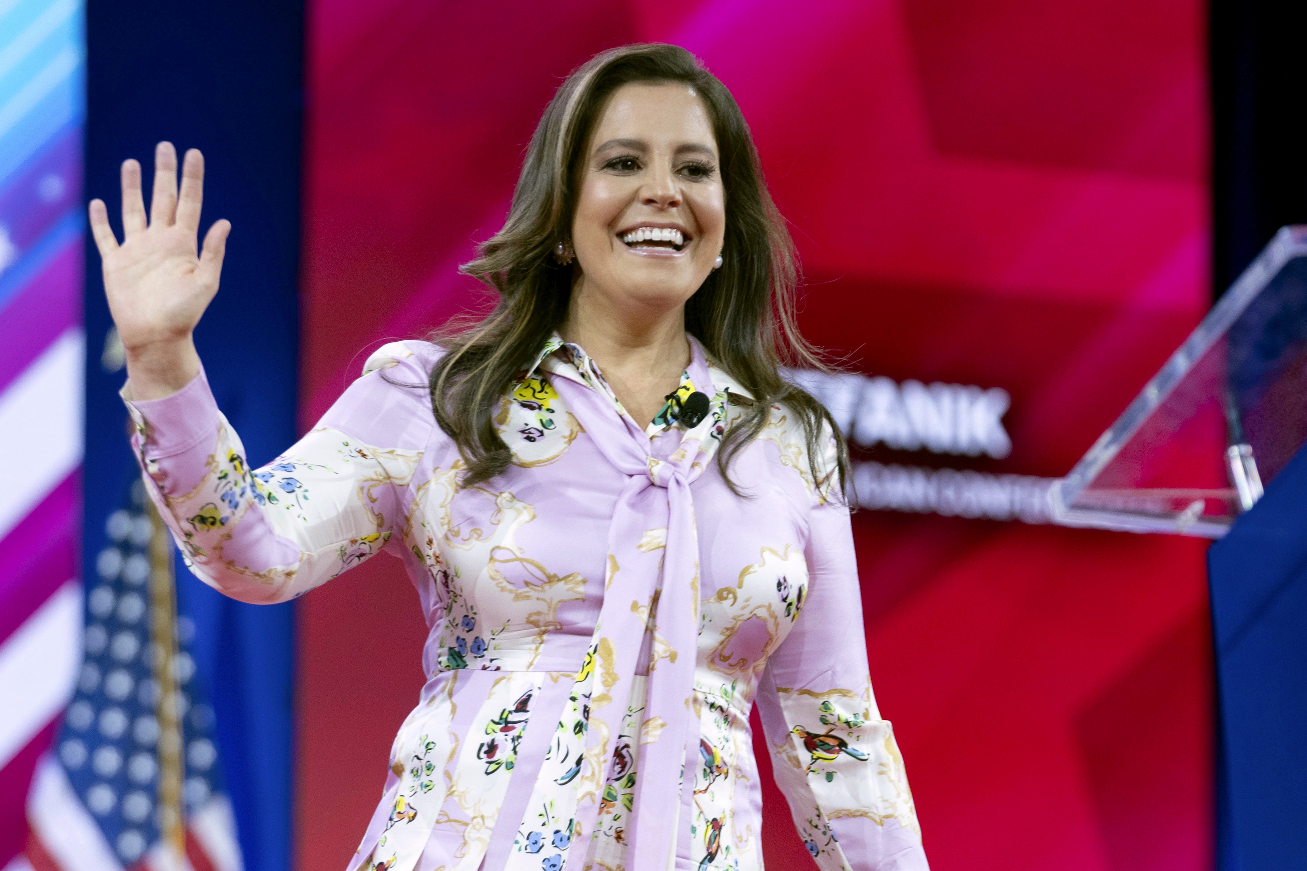 FILE - Republican Conference Chair Rep. Elise Stefanik, R-N.Y., waves to supporters at CPAC in Oxon Hill, Md., Feb. 23, 2024. President-elect Donald Trump has chosen Rep. Elise Stefanik to serve as his ambassador to the United Nations. (AP Photo/Jose Luis Magana, File)