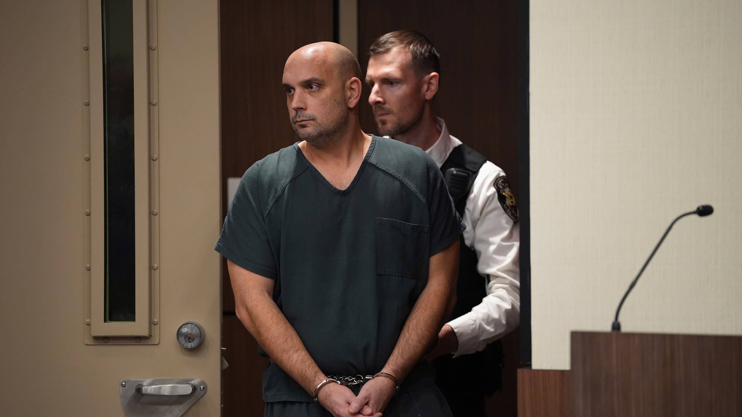 Sean M. Higgins, the driver charged with killing NHL hockey player Johnny Gaudreau and his brother Matthew as they bicycled on a rural road, appears at the Salem County, N.J., Courthouse, Tuesday, Nov. 12, 2024, in Salem, N.J. (AP Photo/Matt Slocum)