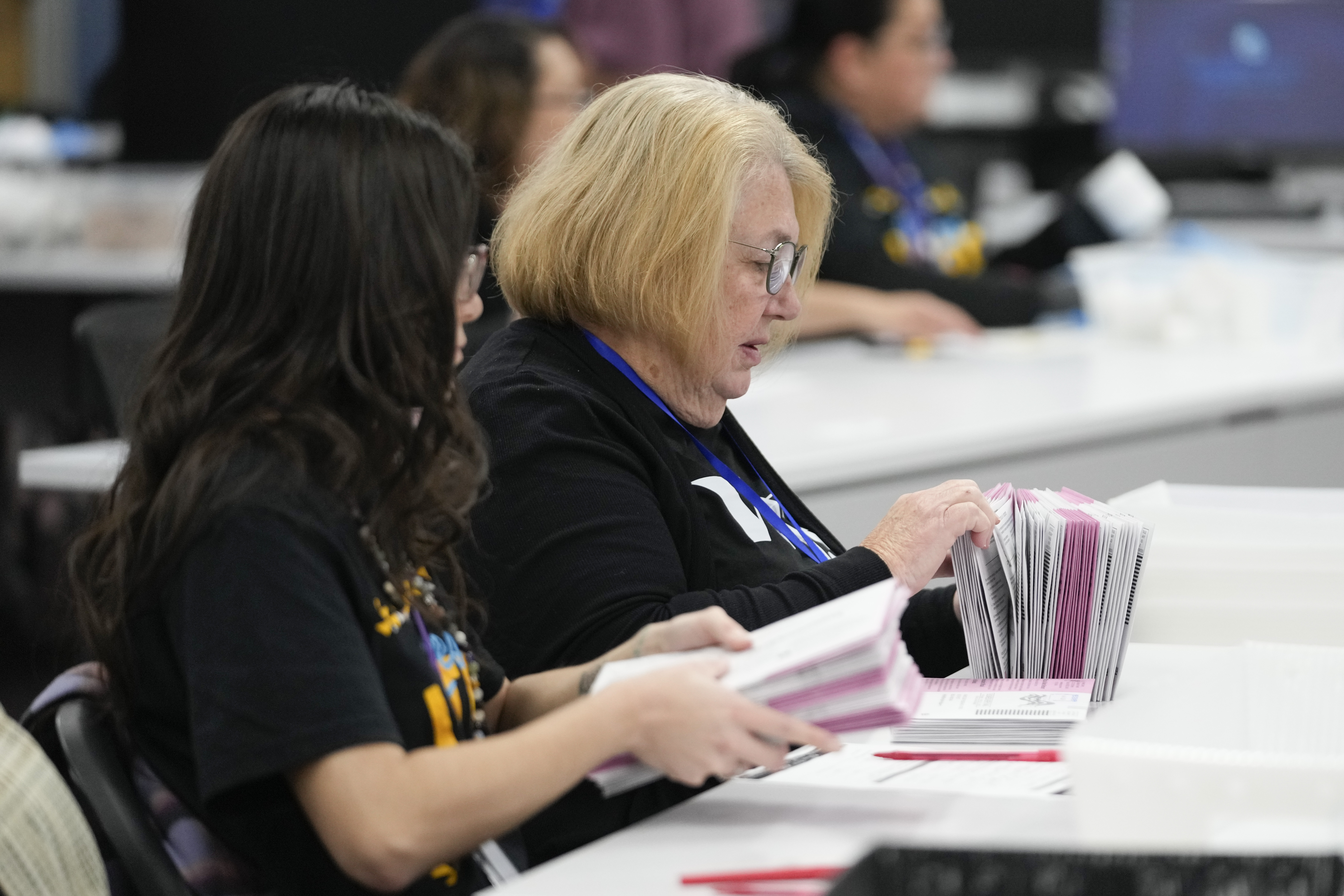 Election workers process ballots at the Washoe County Registrar of Voters Office, Tuesday, Nov. 5, 2024, in Reno, Nev. (AP Photo/Godofredo A. Vásquez)