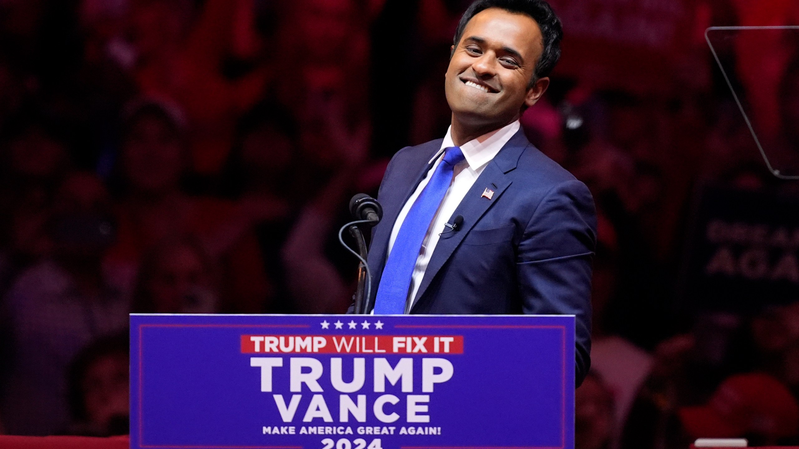 Vivek Ramaswamy speaks before Republican presidential nominee former President Donald Trump at a campaign rally at Madison Square Garden, Sunday, Oct. 27, 2024, in New York. (AP Photo/Evan Vucci)