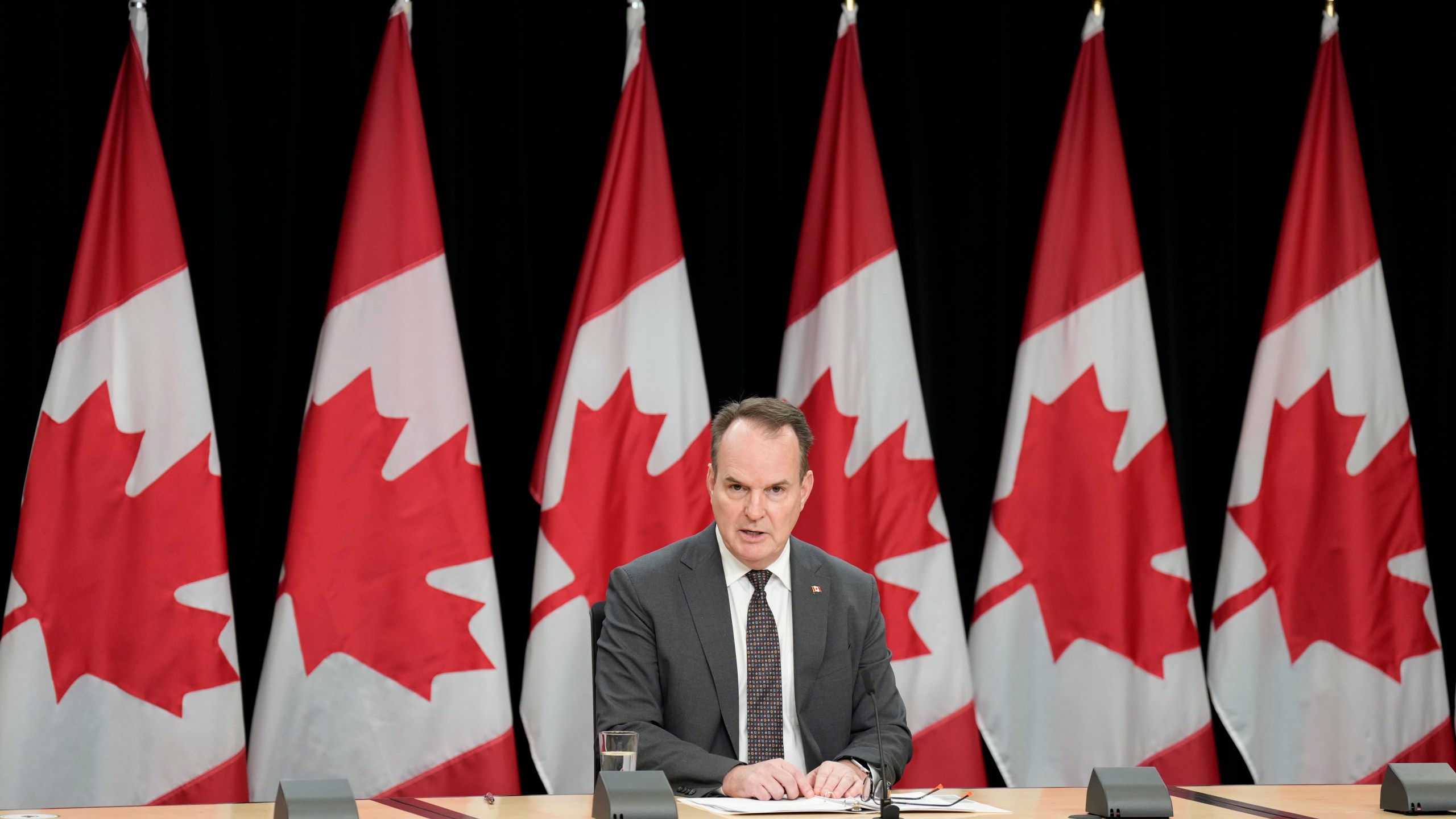 Canada Labour Minister Steven MacKinnon speaks with media during a news conference, Tuesday, Nov. 12, 2024, in Ottawa. (Adrian Wyld/The Canadian Press via AP)