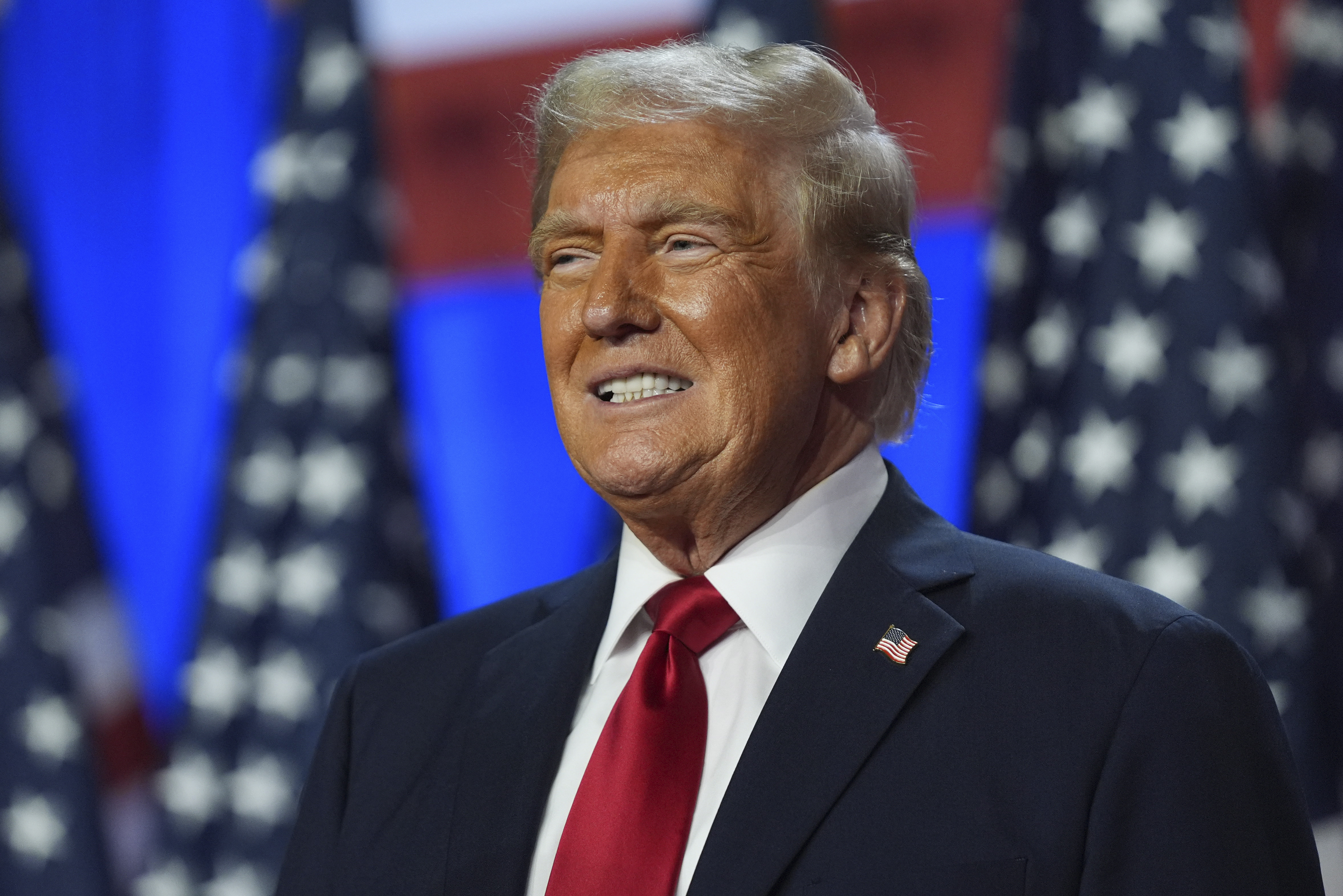 FILE - Republican presidential nominee former President Donald Trump smiles at an election night watch party at the Palm Beach Convention Center, Wednesday, Nov. 6, 2024, in West Palm Beach, Fla. (AP Photo/Evan Vucci, File)