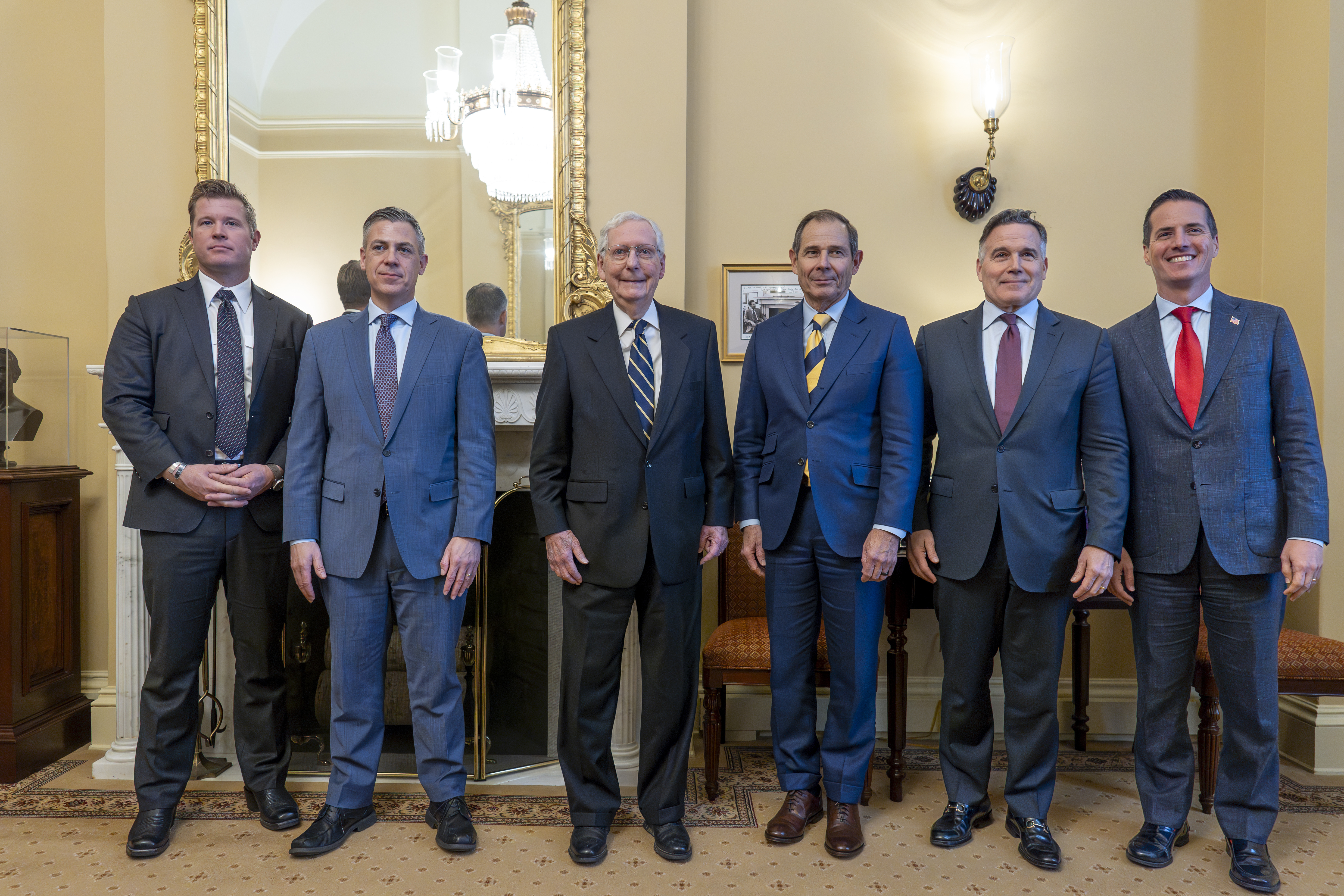 Senate Minority Leader Mitch McConnell, R-Ky., center, welcomes incoming Republican senators in his office at the Capitol in Washington, Tuesday, Nov. 12, 2024. From left are, Sen.-elect Tim Sheehy, R-Mont., Sen.-elect Jim Banks, R-Ind., Sen. Mitch McConnell, R-Ky., Sen.-elect John Curtis, R-Utah, Sen.-elect David McCormick, R-Pa., and Sen.-elect Bernie Moreno, R-Ohio. (AP Photo/J. Scott Applewhite)